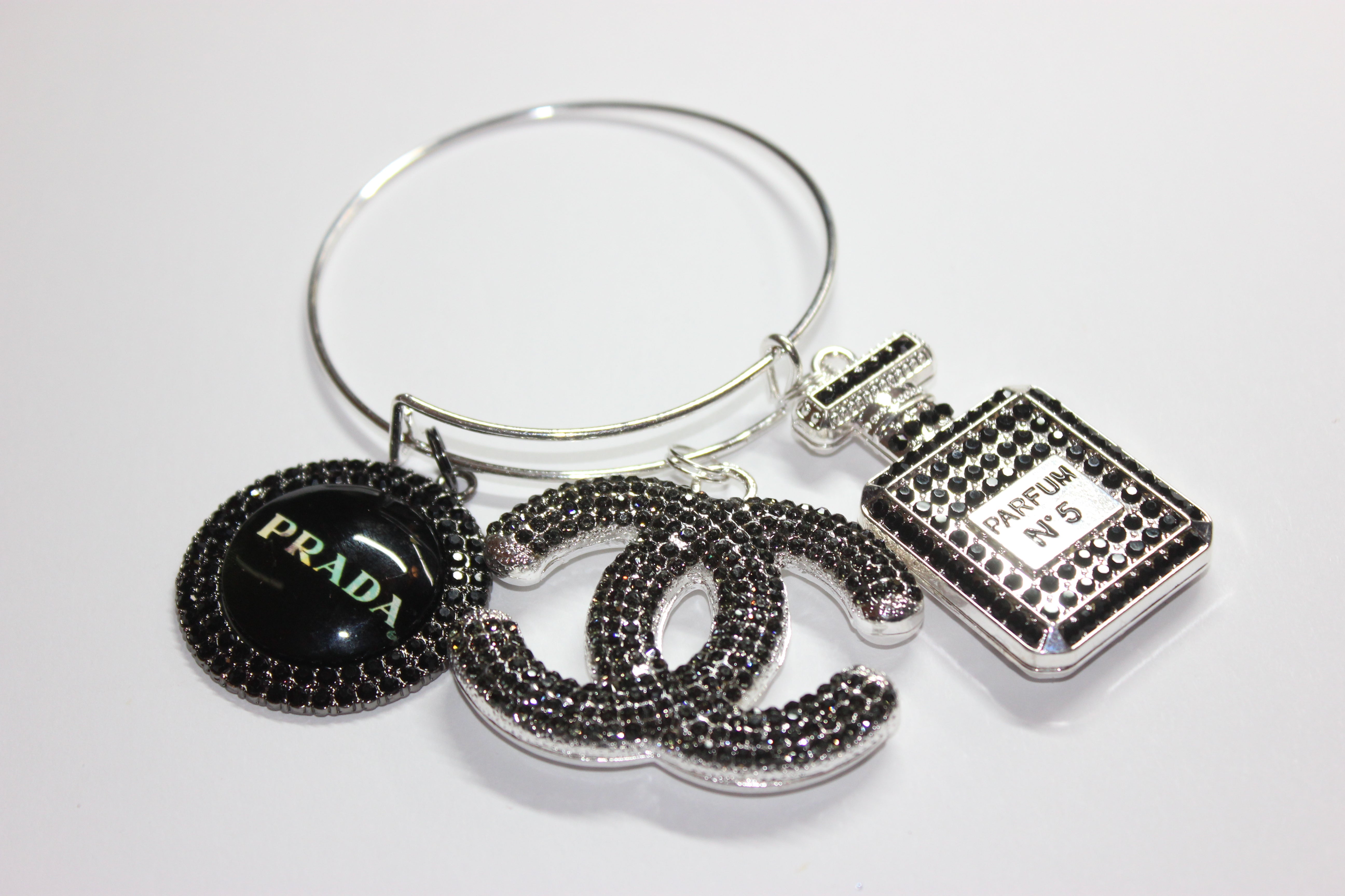 Black & Silver Rhinestone Charm Bangle
