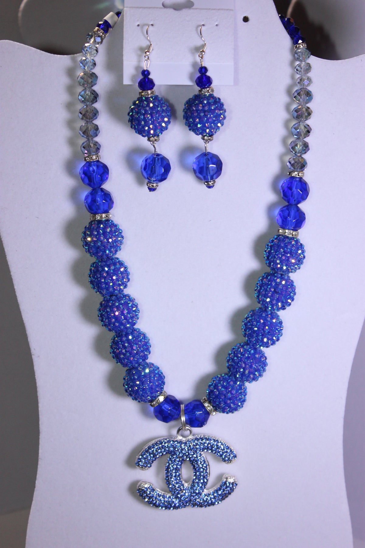 Blue/Silver/AB Rhinestone Charm Necklace & Earring Set