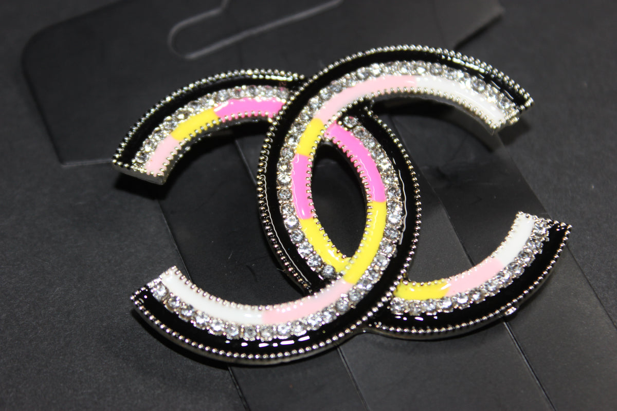 Black/Pink/Yellow/White Rhinestone Brooch Pin w/ SILVER