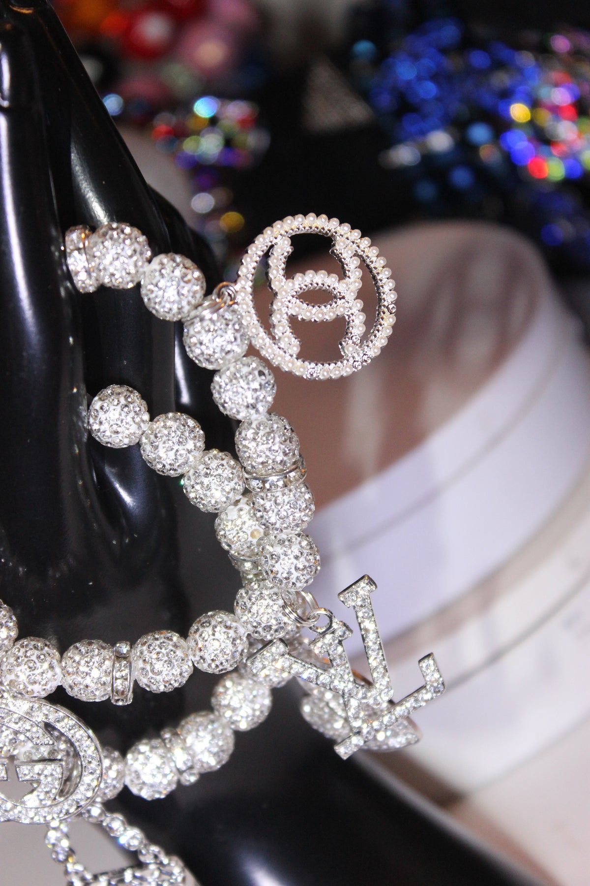 2 Piece White & Silver Rhinestone Charm Bracelet Set