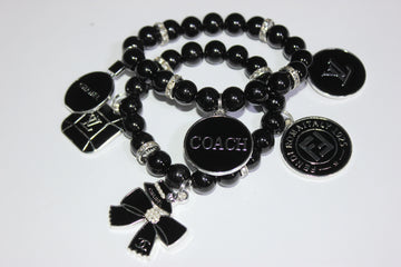 2 piece Black & Silver Beaded Charm Bracelet Set