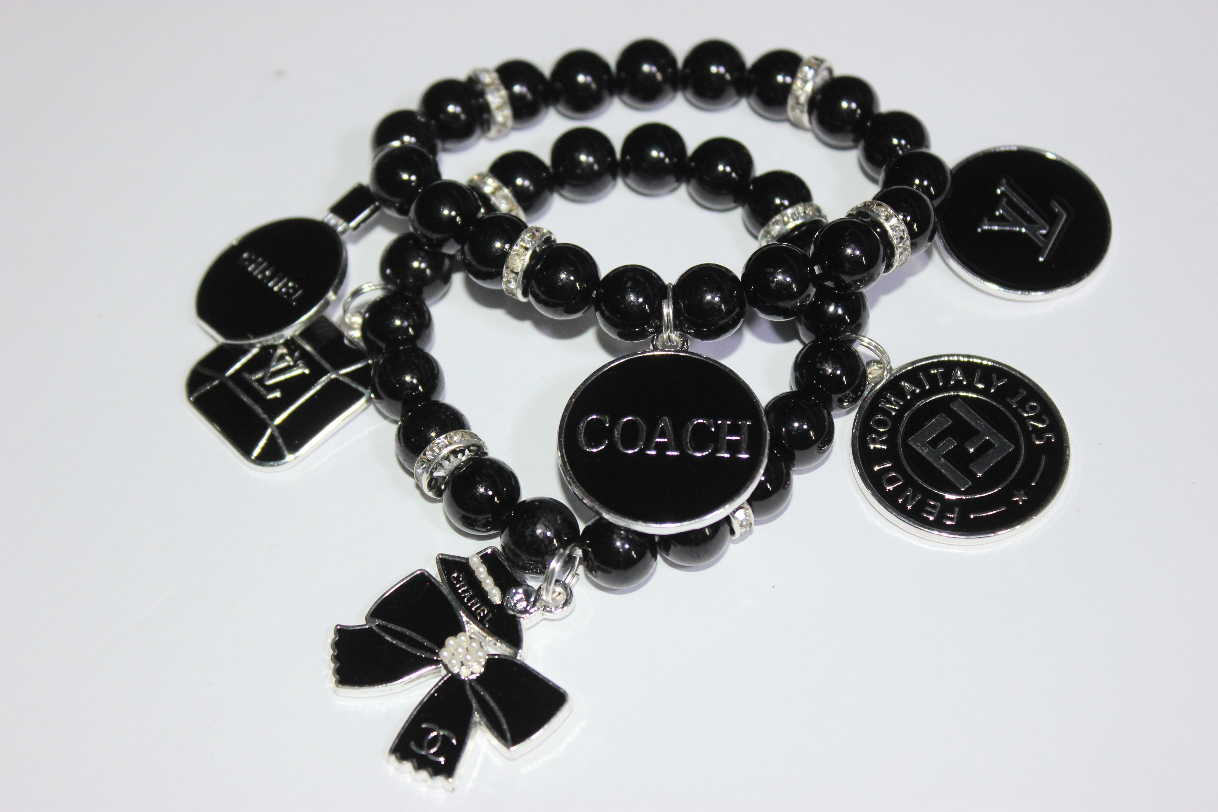 2 piece Black & Silver Beaded Charm Bracelet Set