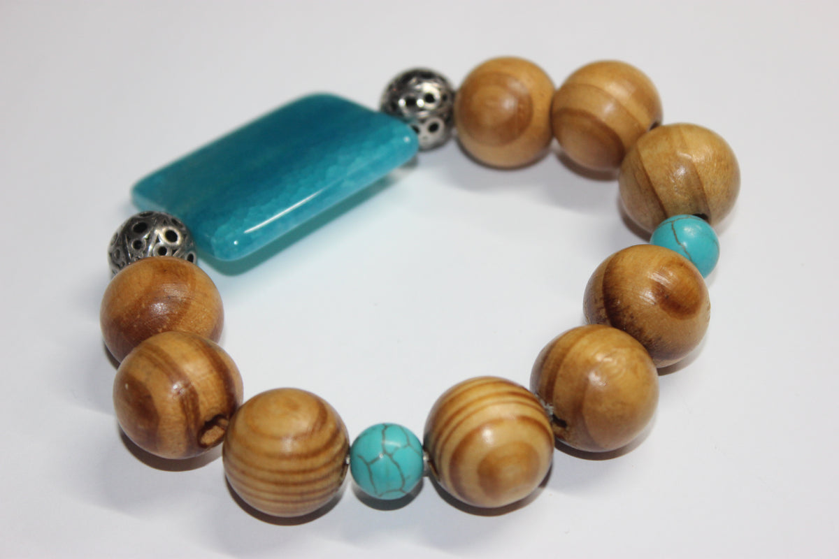 Wood & Turquoise Beaded Bracelet