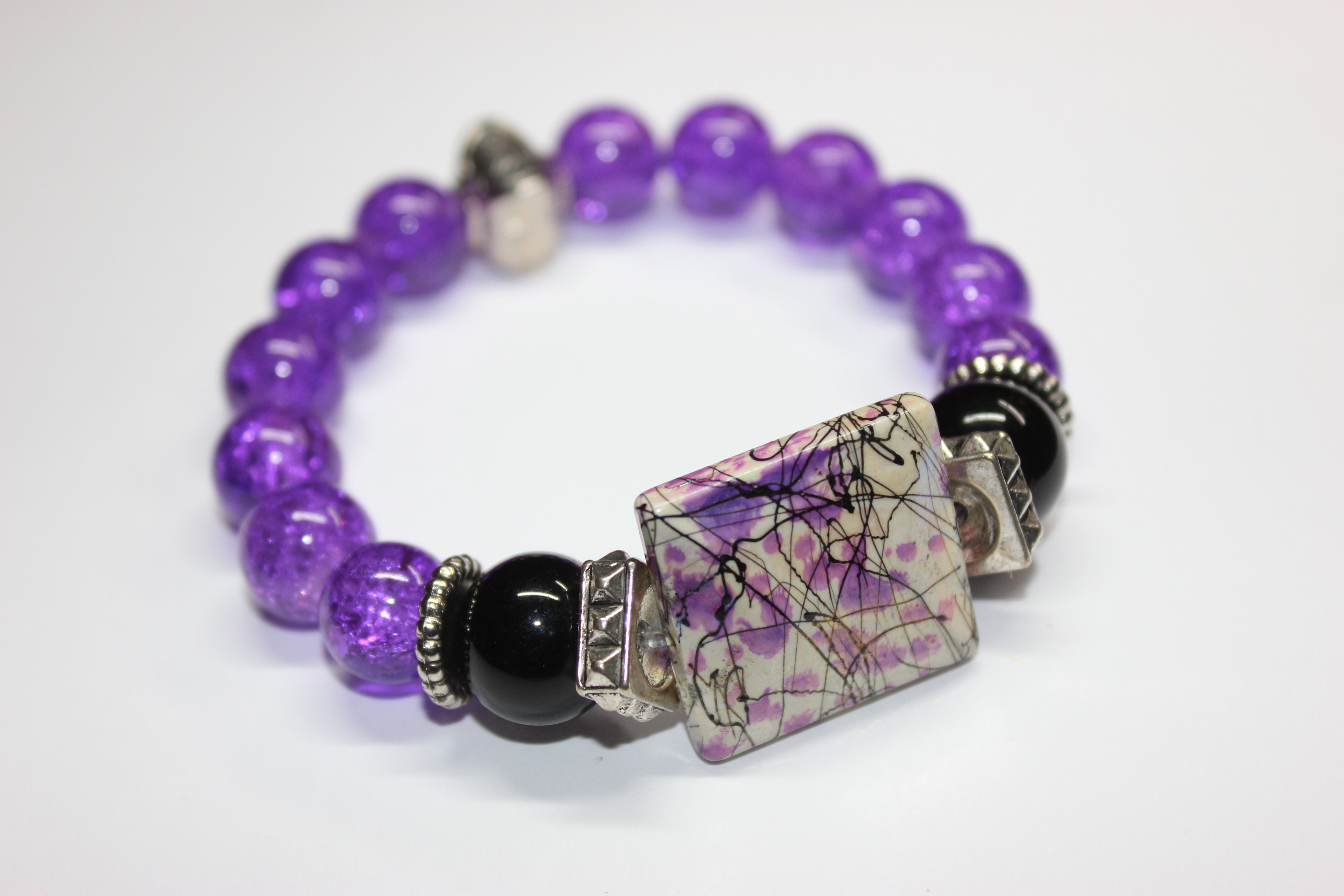 Purple Black & White w/ Silver Beaded Bracelet
