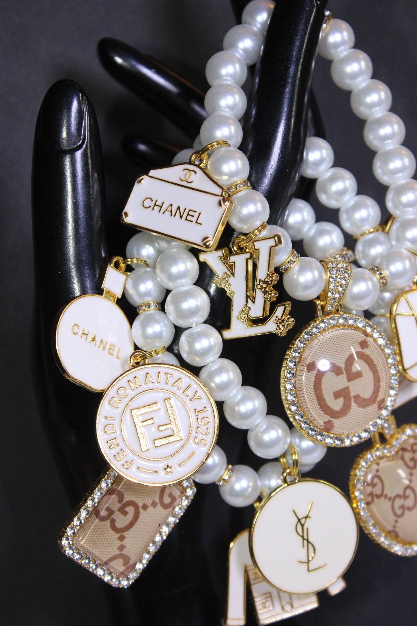 3 Piece White & Gold Pearl Luxury Charm Bracelet Set