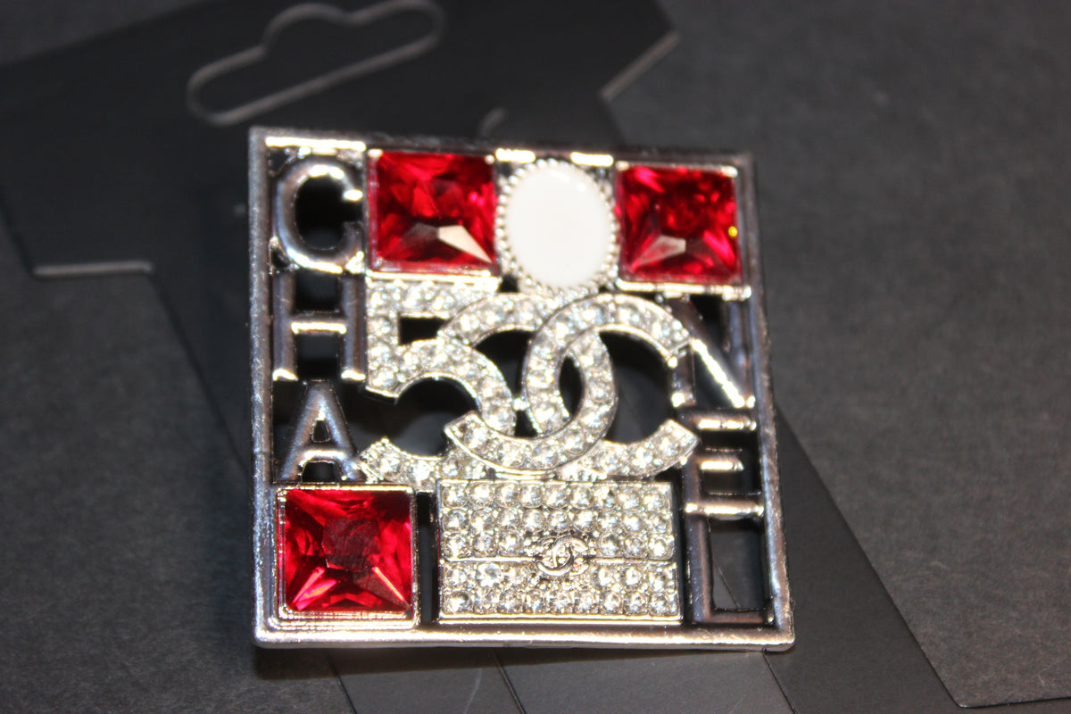 Red & Silver Pearl Rhinestone Brooch Pin