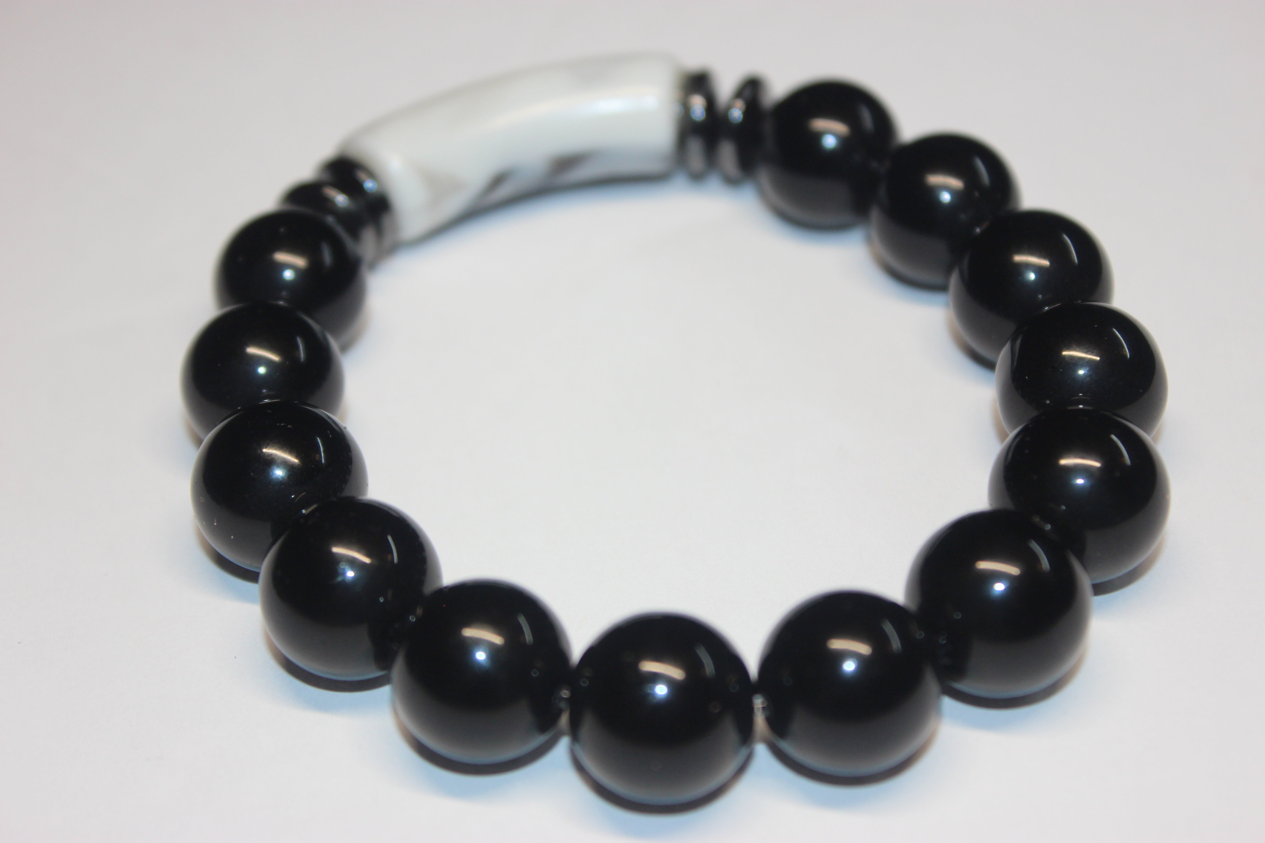 Black with Grey/White Marble Gemstone Beaded Bracelet
