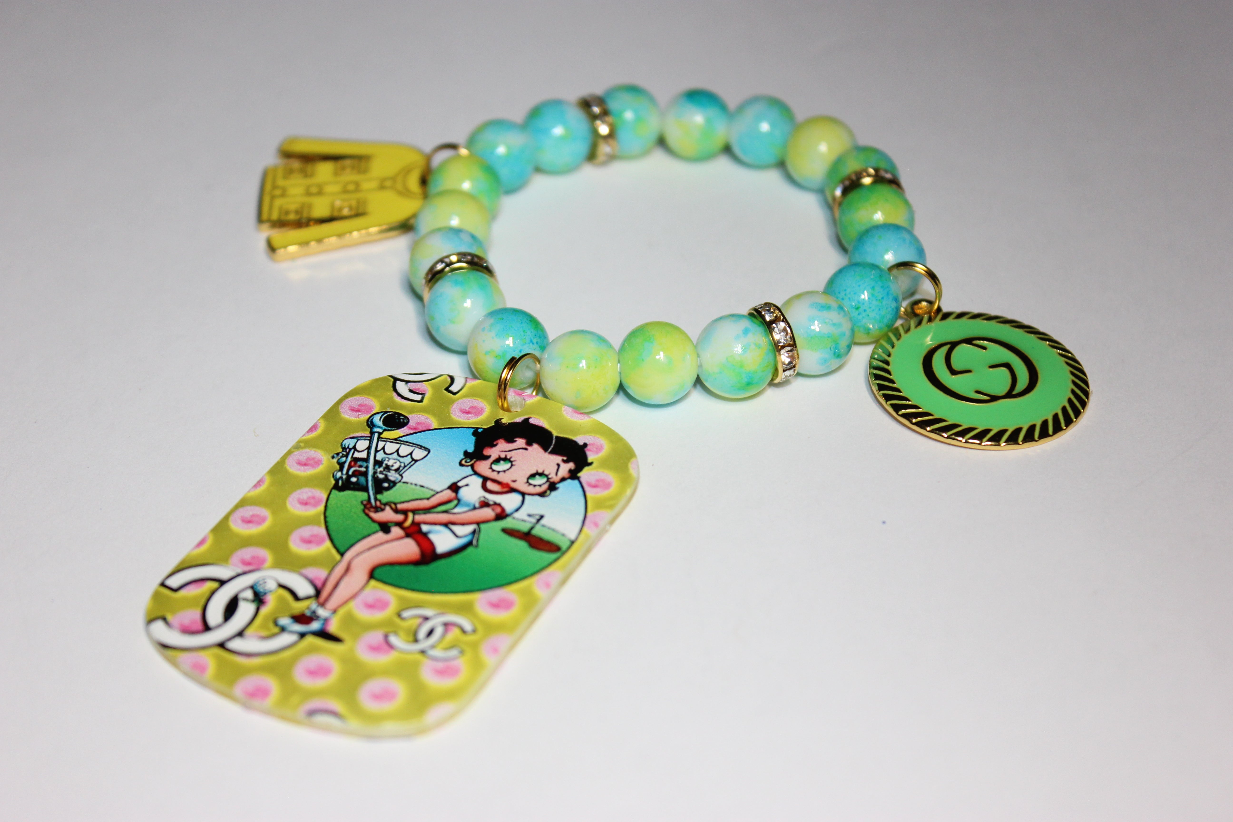 Yellow Green & Aquamarine w/ Gold Charm Bracelet (1)