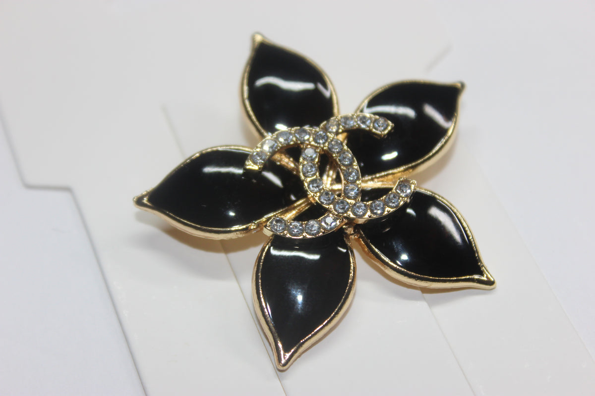 Black & Gold Rhinestone Brooch Pin