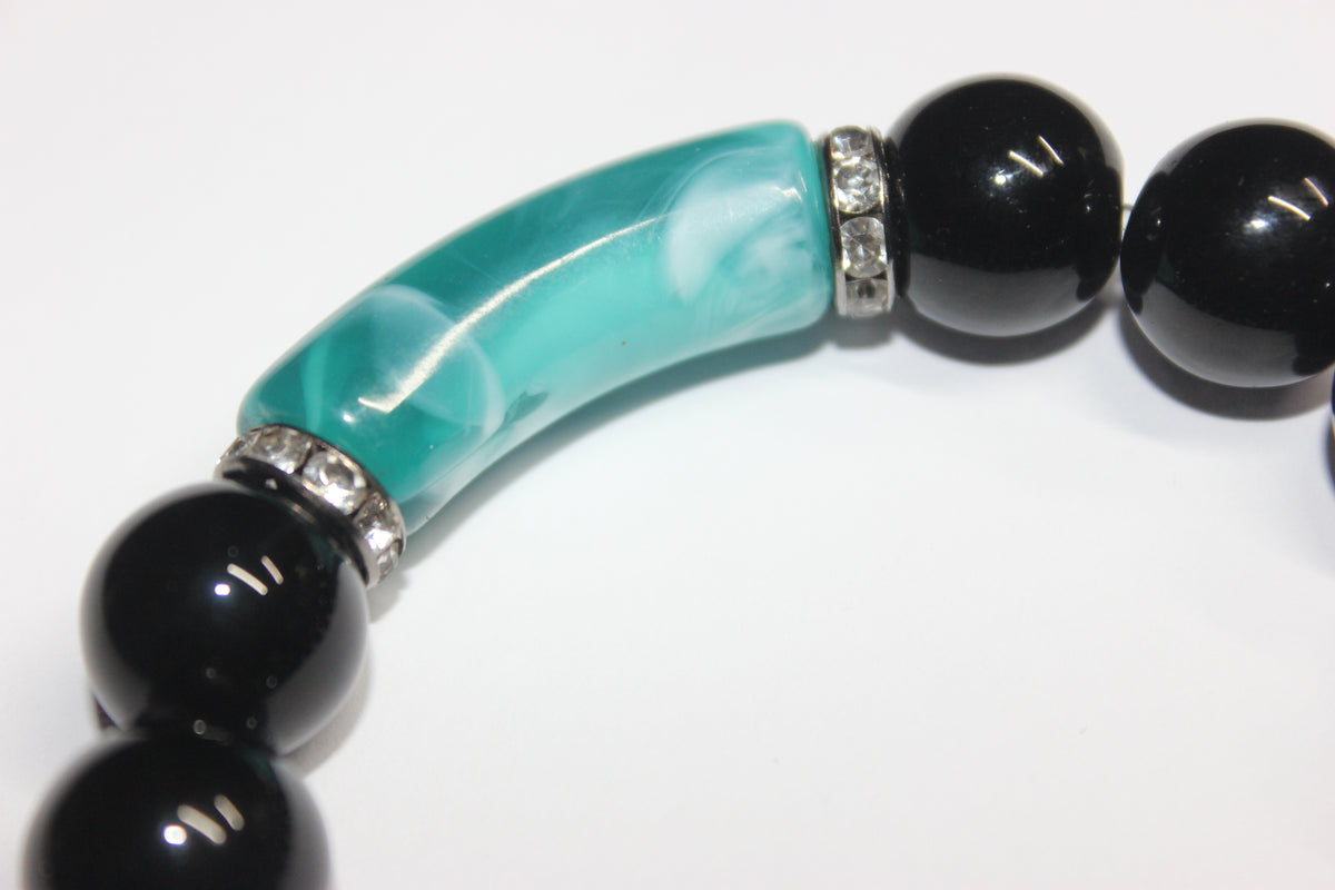 Black & Shades Of Turquoise w/ Silver Beaded Bracelet