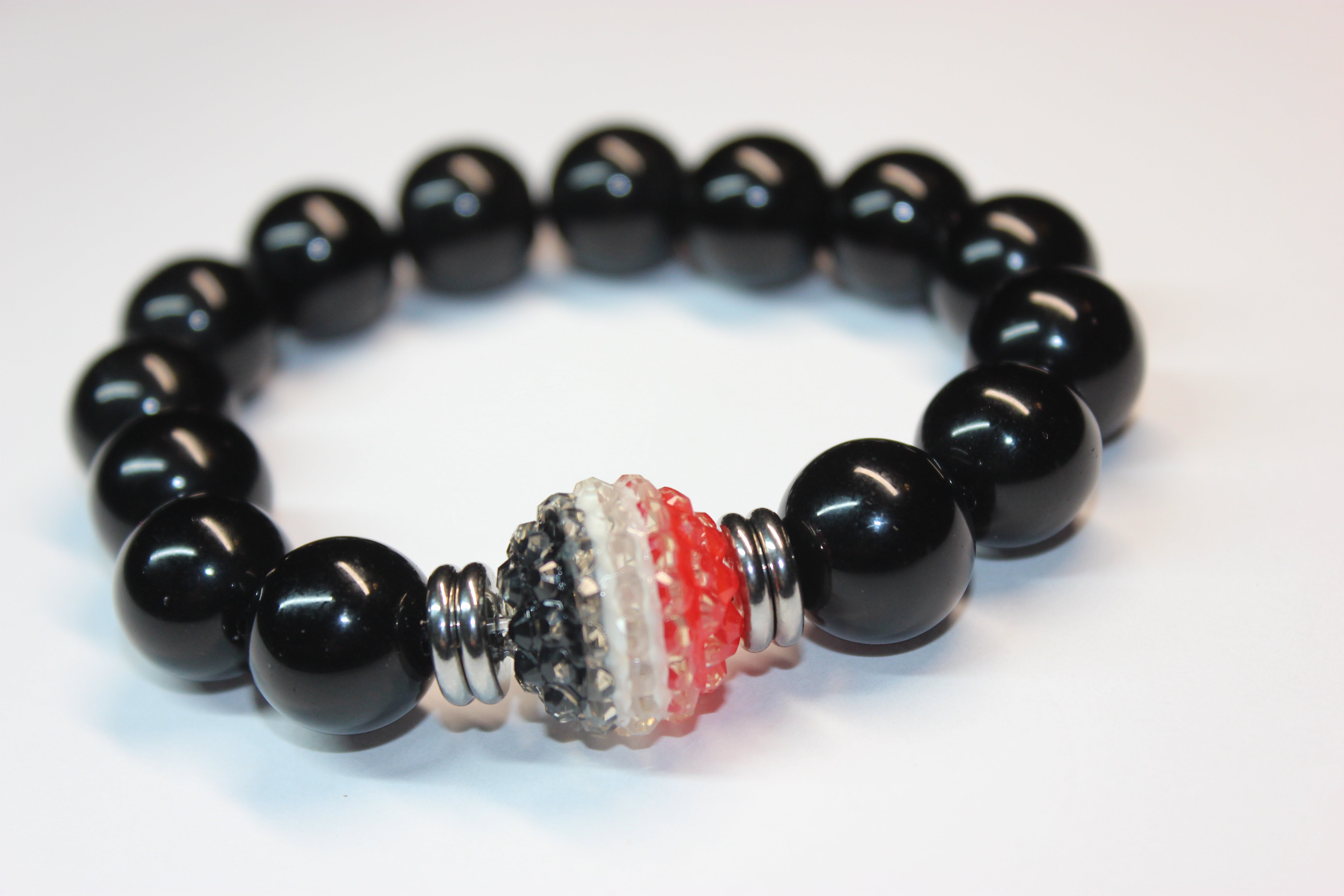 Red Black & White with Silver Mens Beaded Bracelet