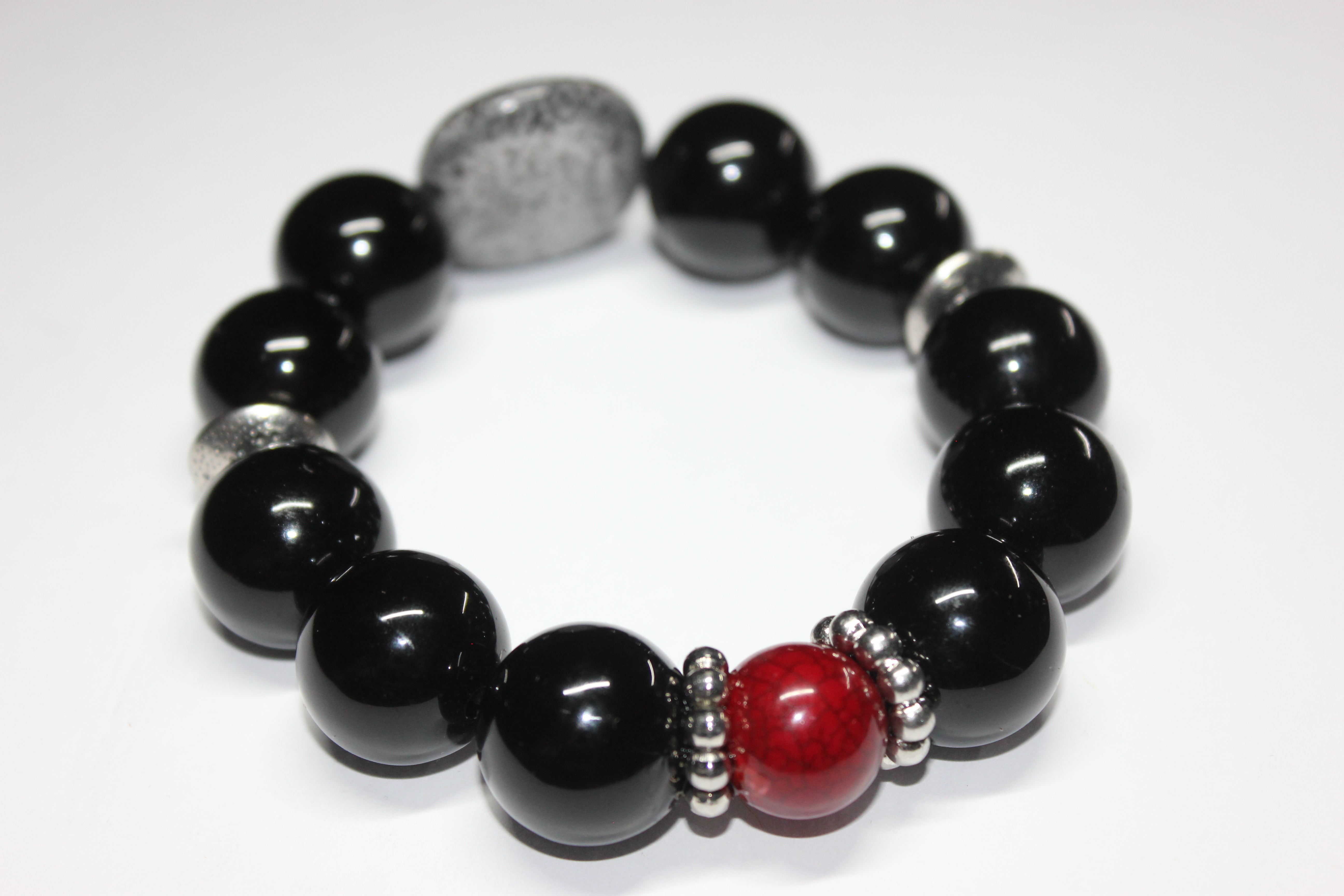Black Grey & Red Large Beaded Bracelet