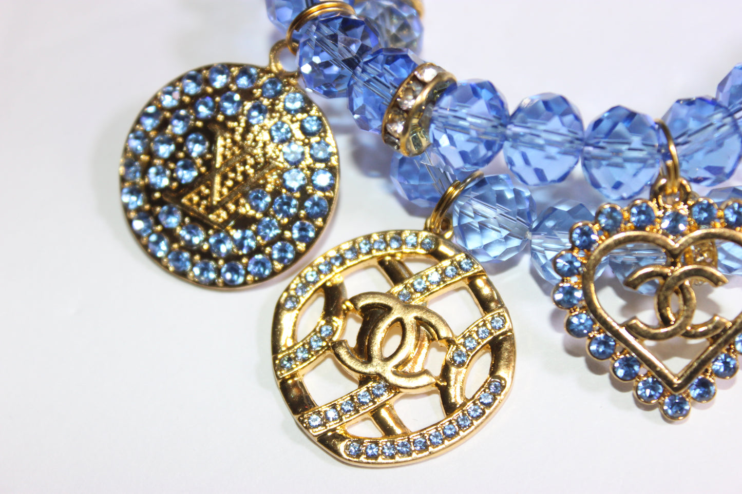 2 Piece Light Blue & Gold Crystal Charm Bracelet Set