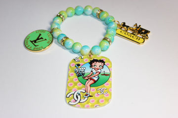 Yellow Green & Aquamarine w/ Gold Charm Bracelet (1)