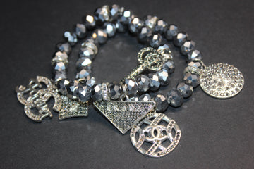 Silver Brilliant Crystal 2 Piece Charm Bracelet Set