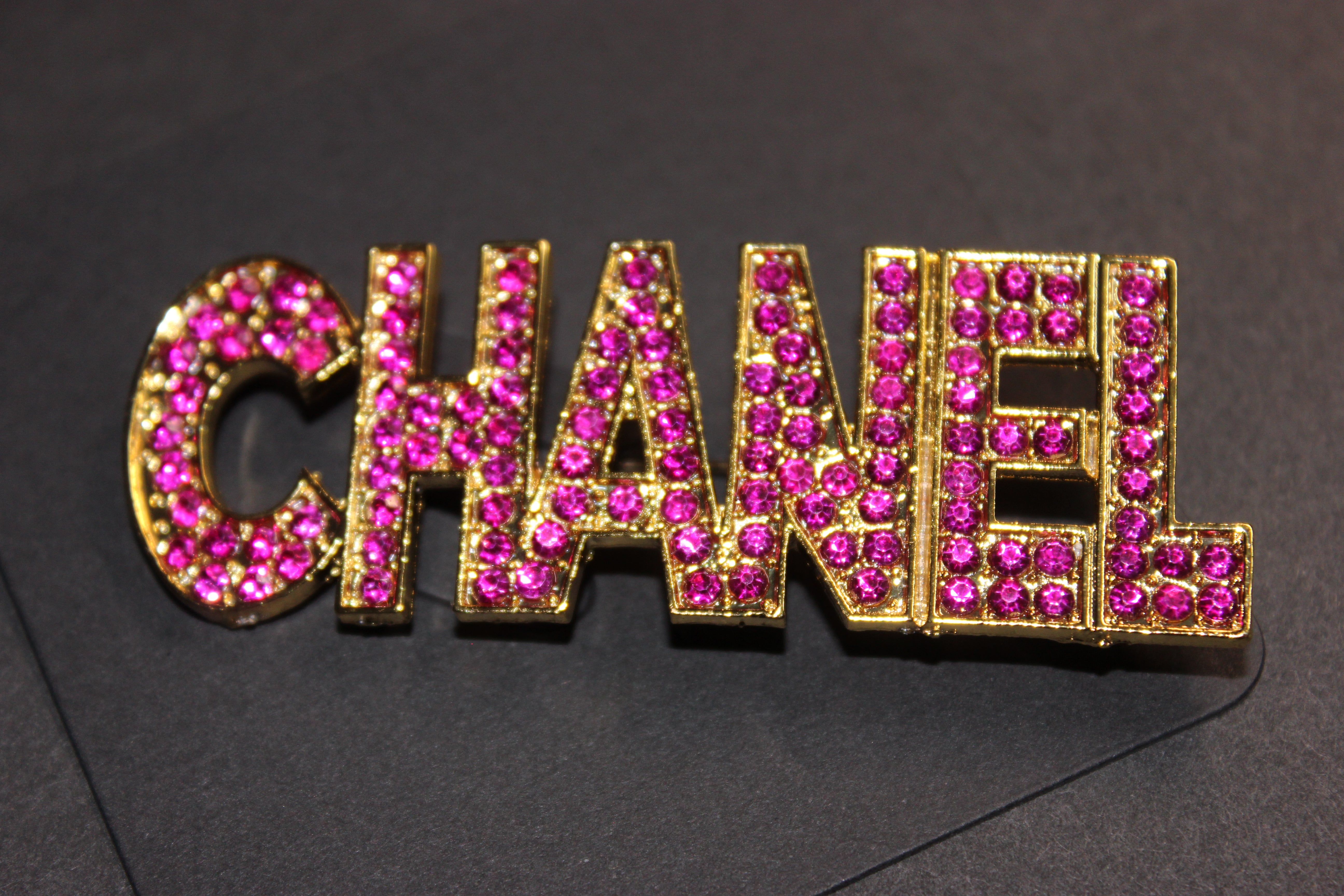 Hot Pink & Gold Rhinestone Brooch Pin