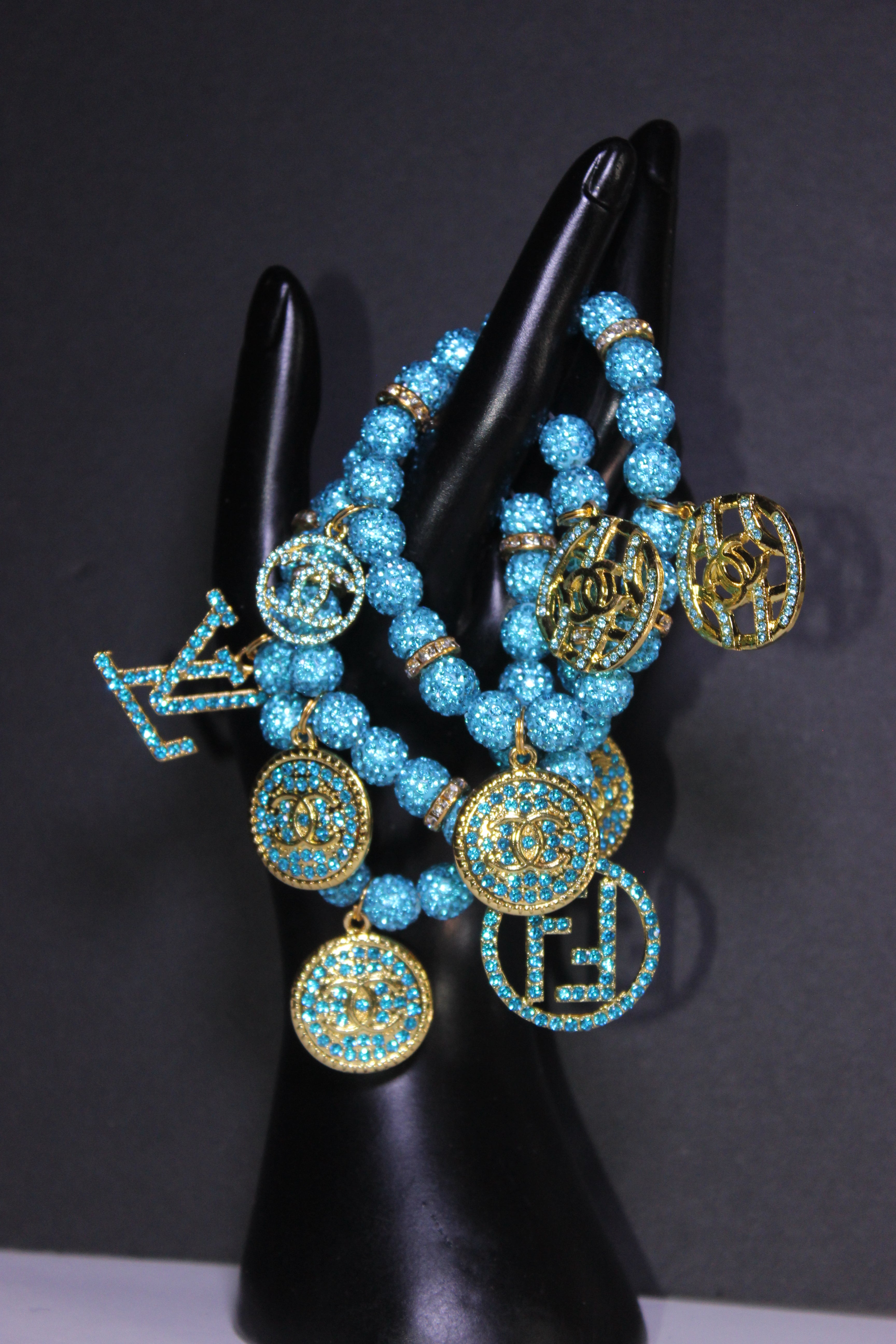 3 Piece Aquamarine & Gold Rhinestone Charm Bracelet Set