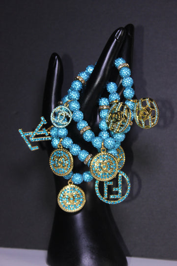 3 Piece Aquamarine & Gold Rhinestone Charm Bracelet Set