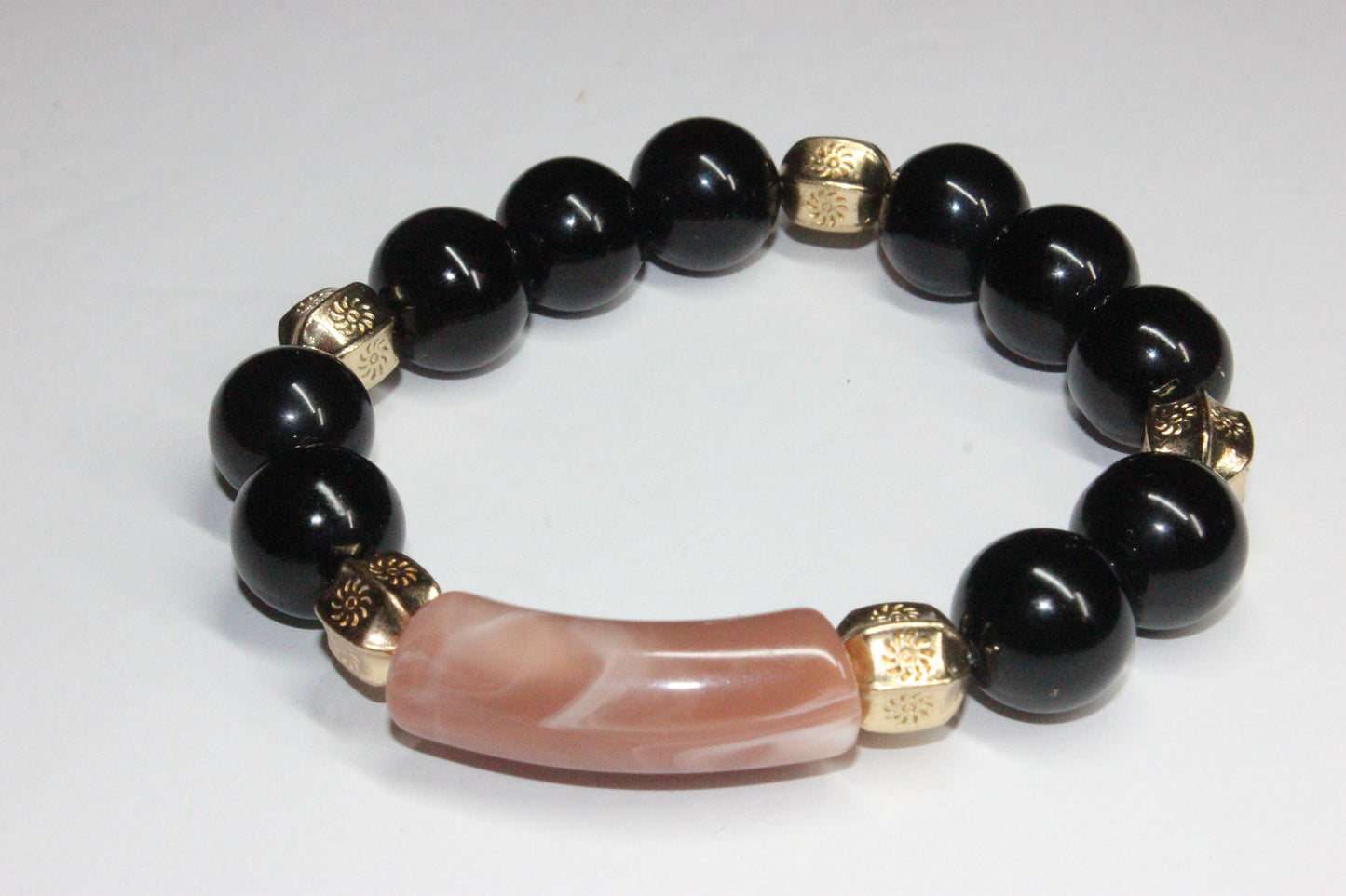 Black & Coral Marble Beaded Bracelet Set In Gold
