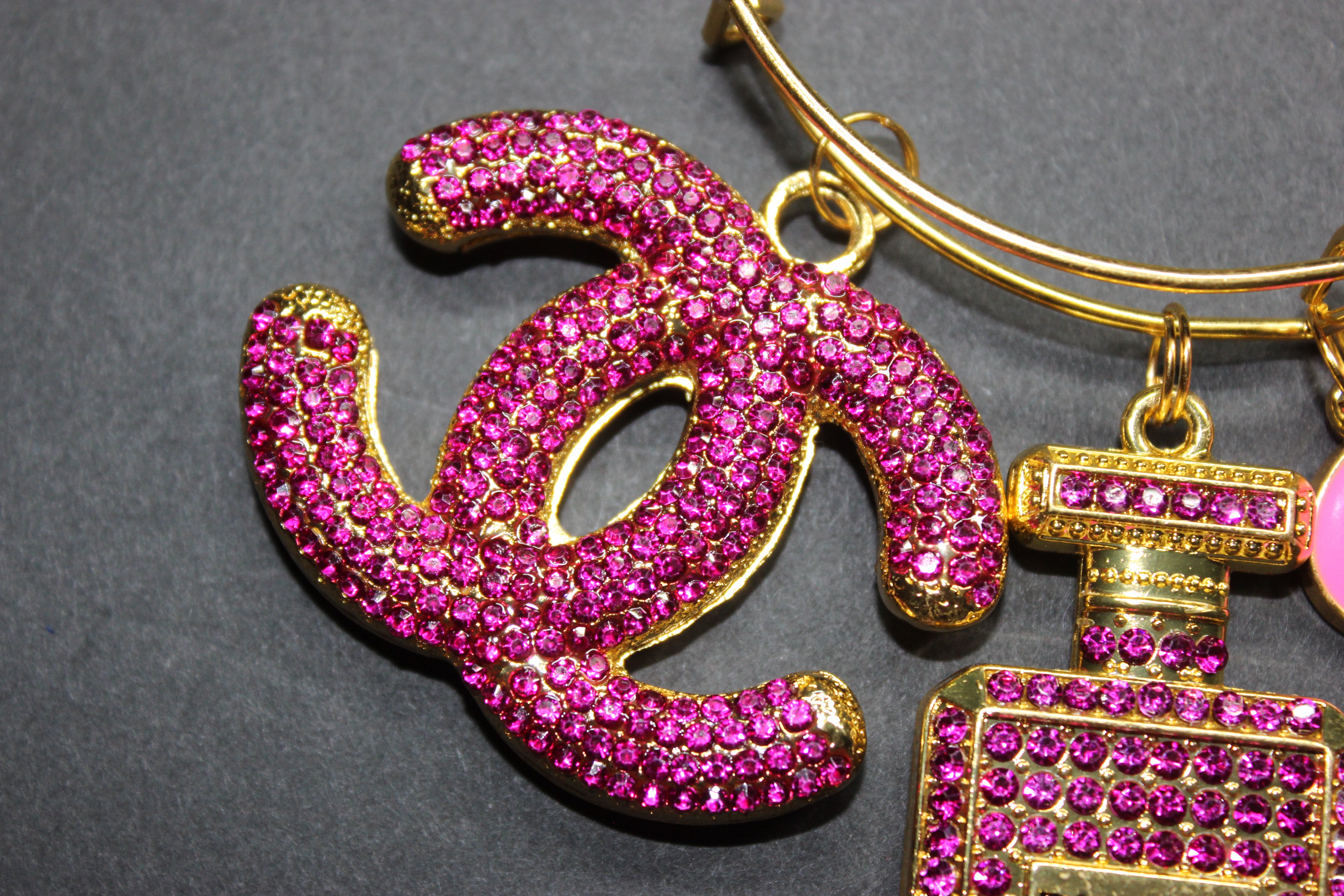 Hot Pink & Gold Rhinestone Charm Bangle Bracelet