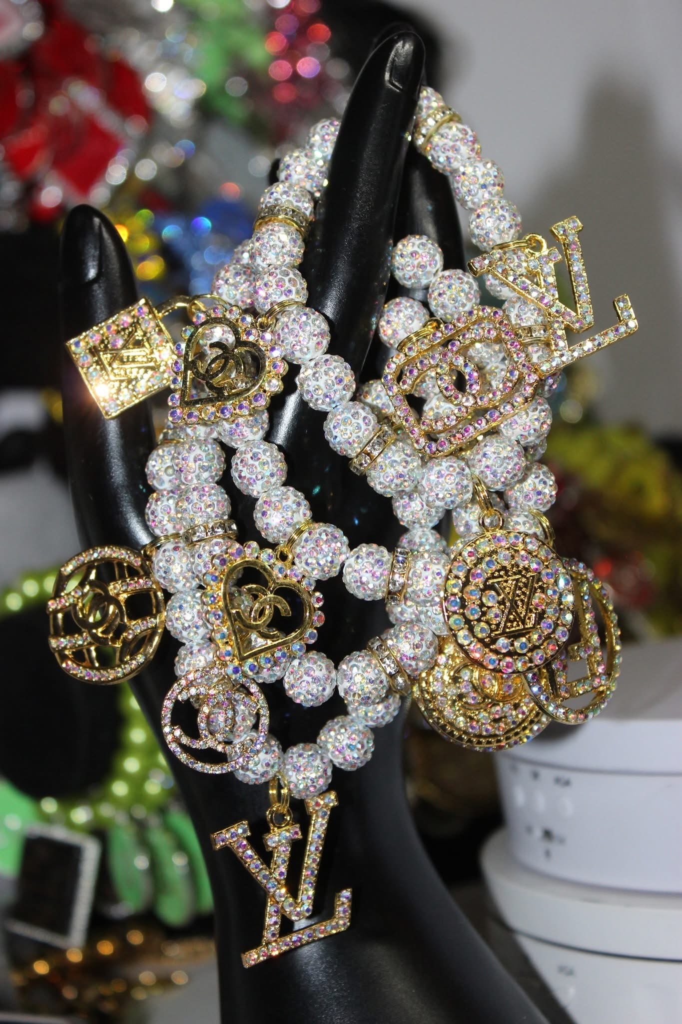 4 Piece Iridescent & White w/Gold Charm Bracelet Set