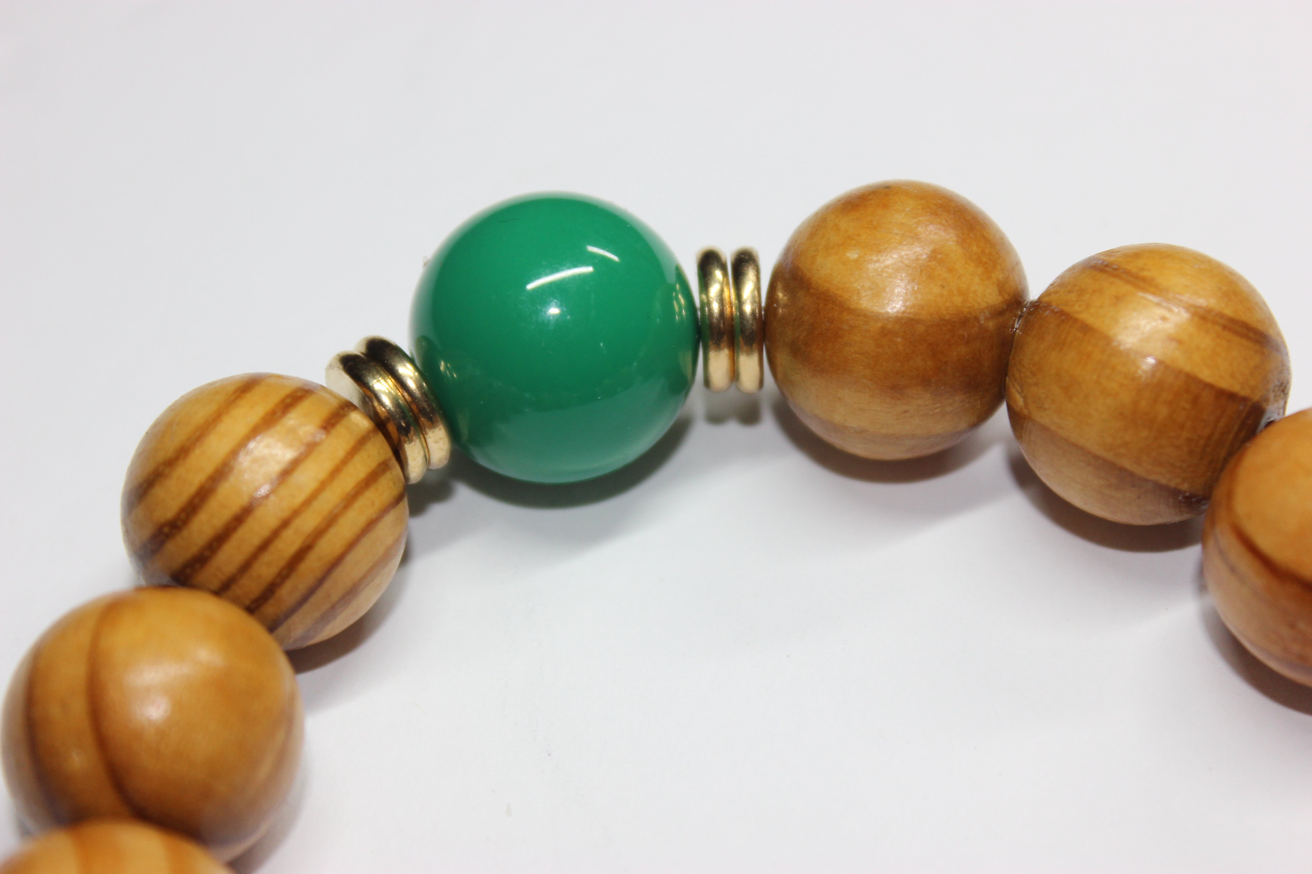 Wood Beaded Bracelet w/ Green & Gold