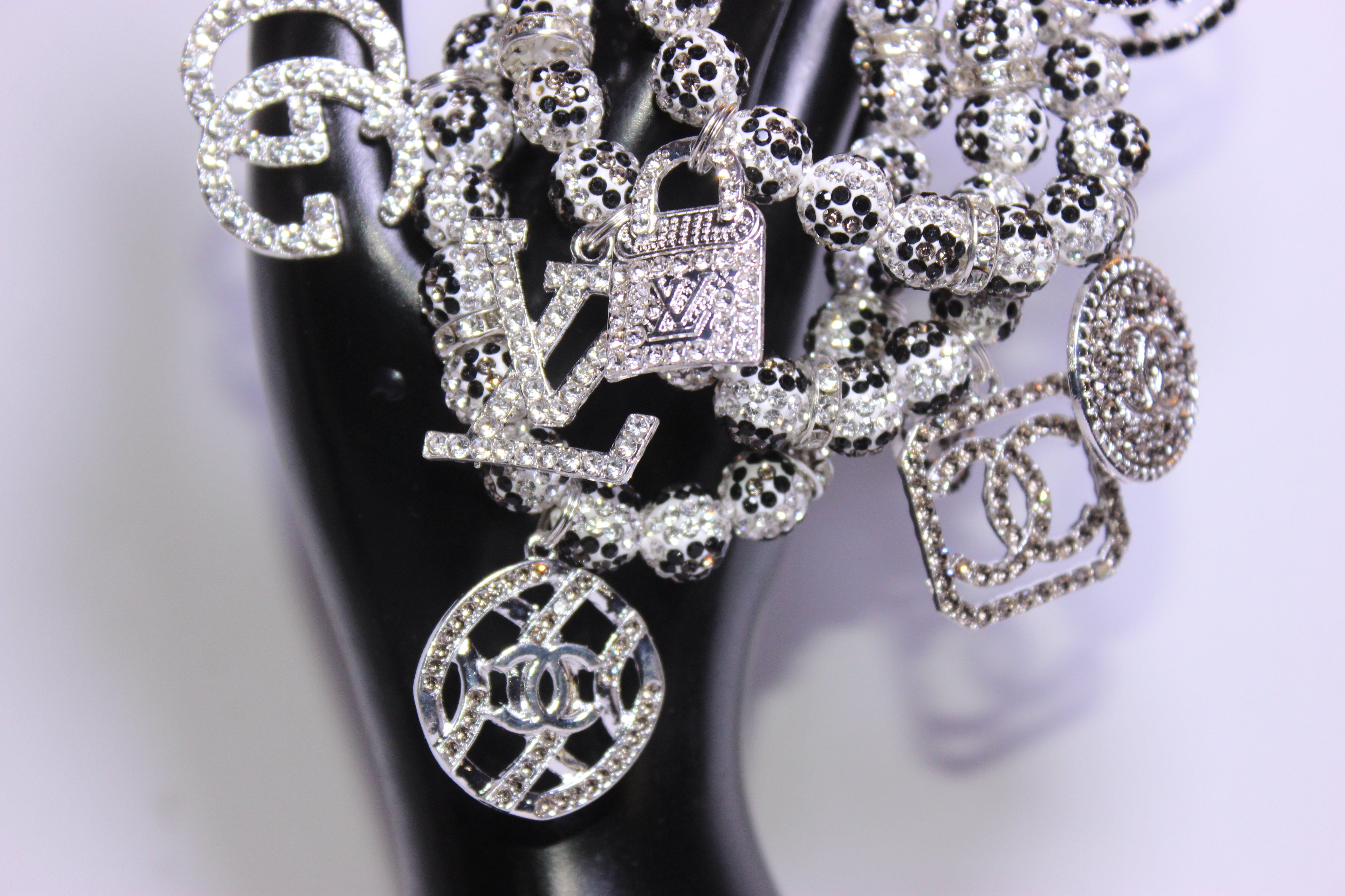 3 Piece White/Black/Grey Rhinestone Charm Bracelet Set