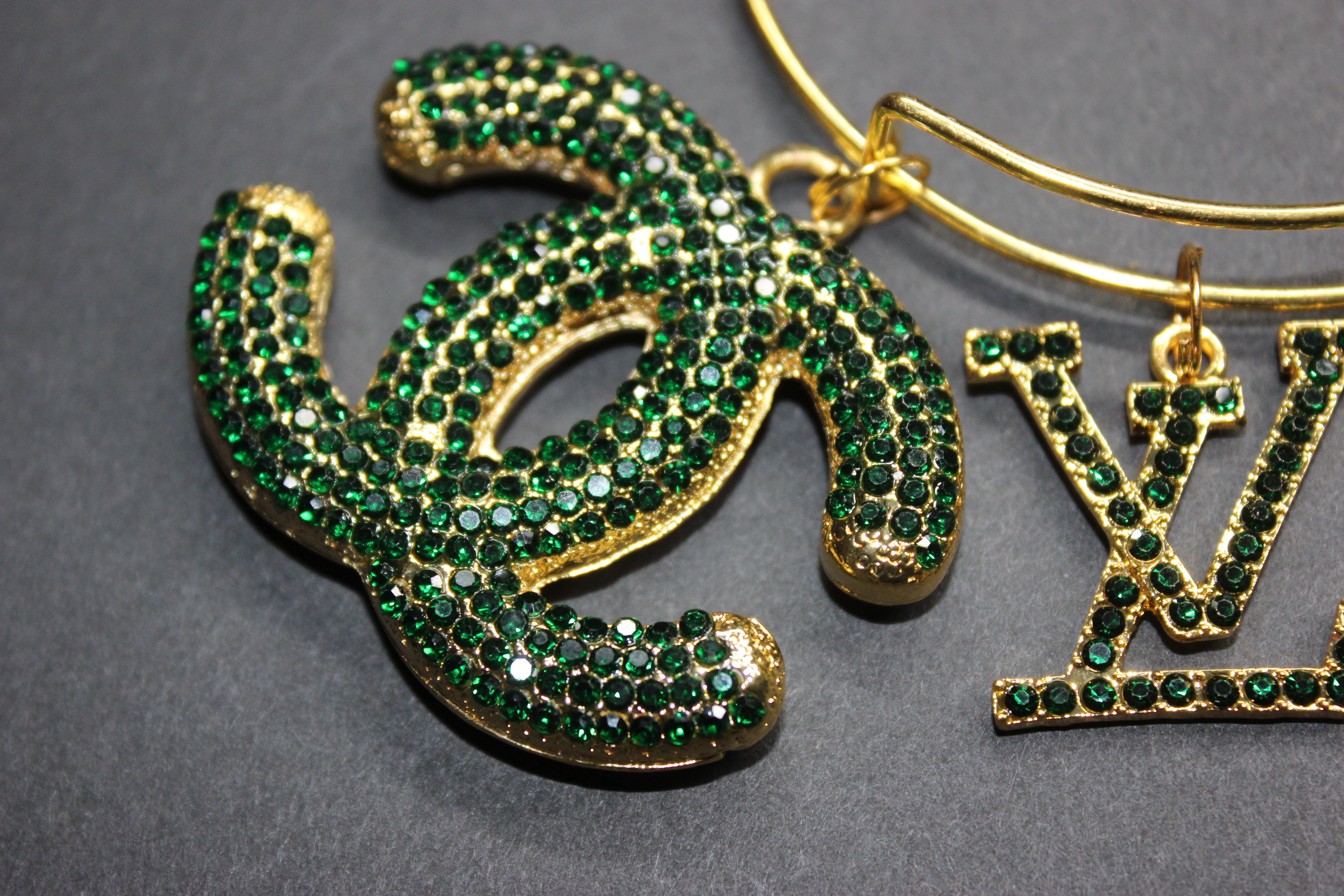 Hunter Green & Gold Rhinestone Charm Bangle