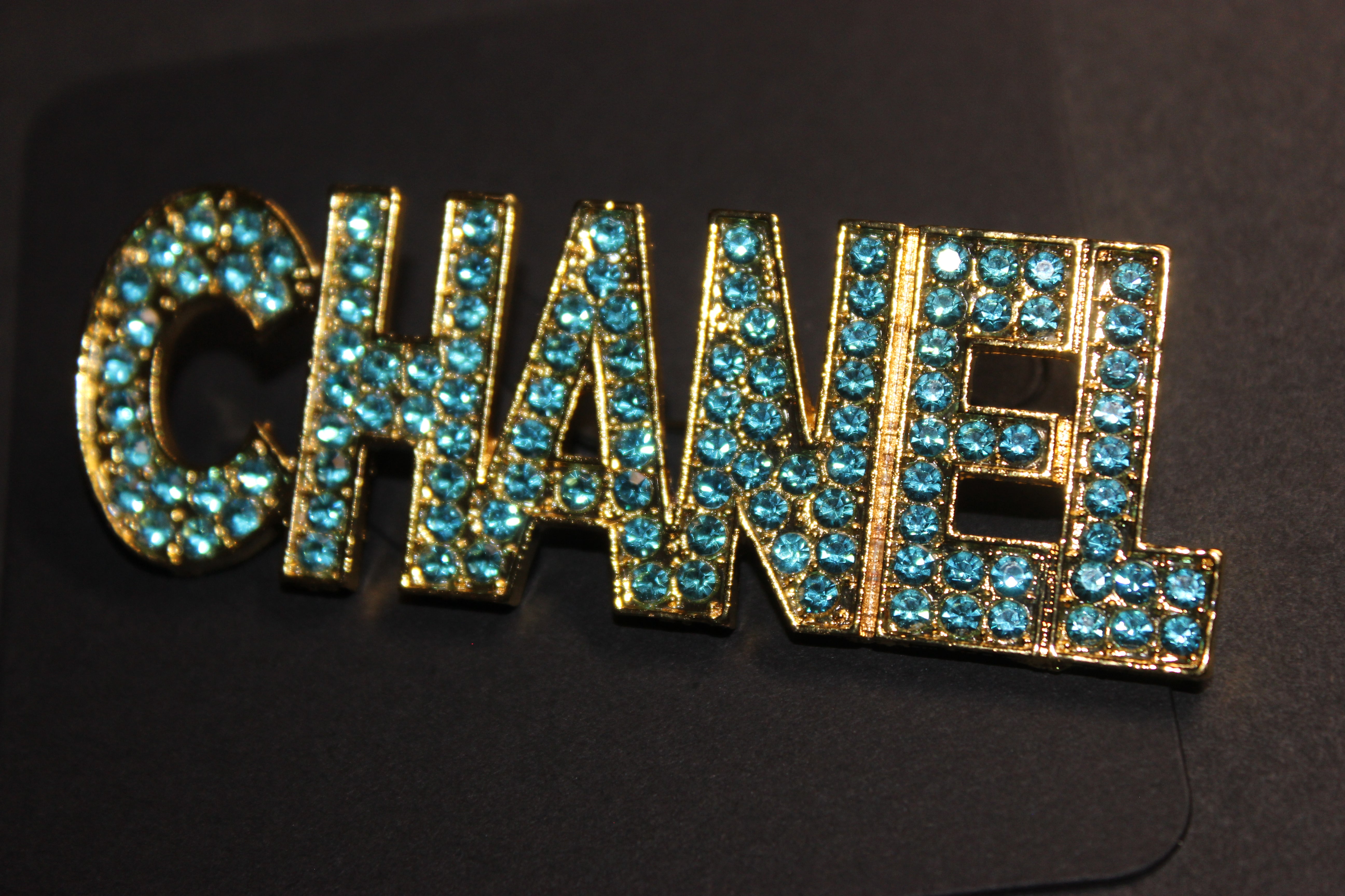 Aquamarine & Gold Rhinestone Brooch Pin
