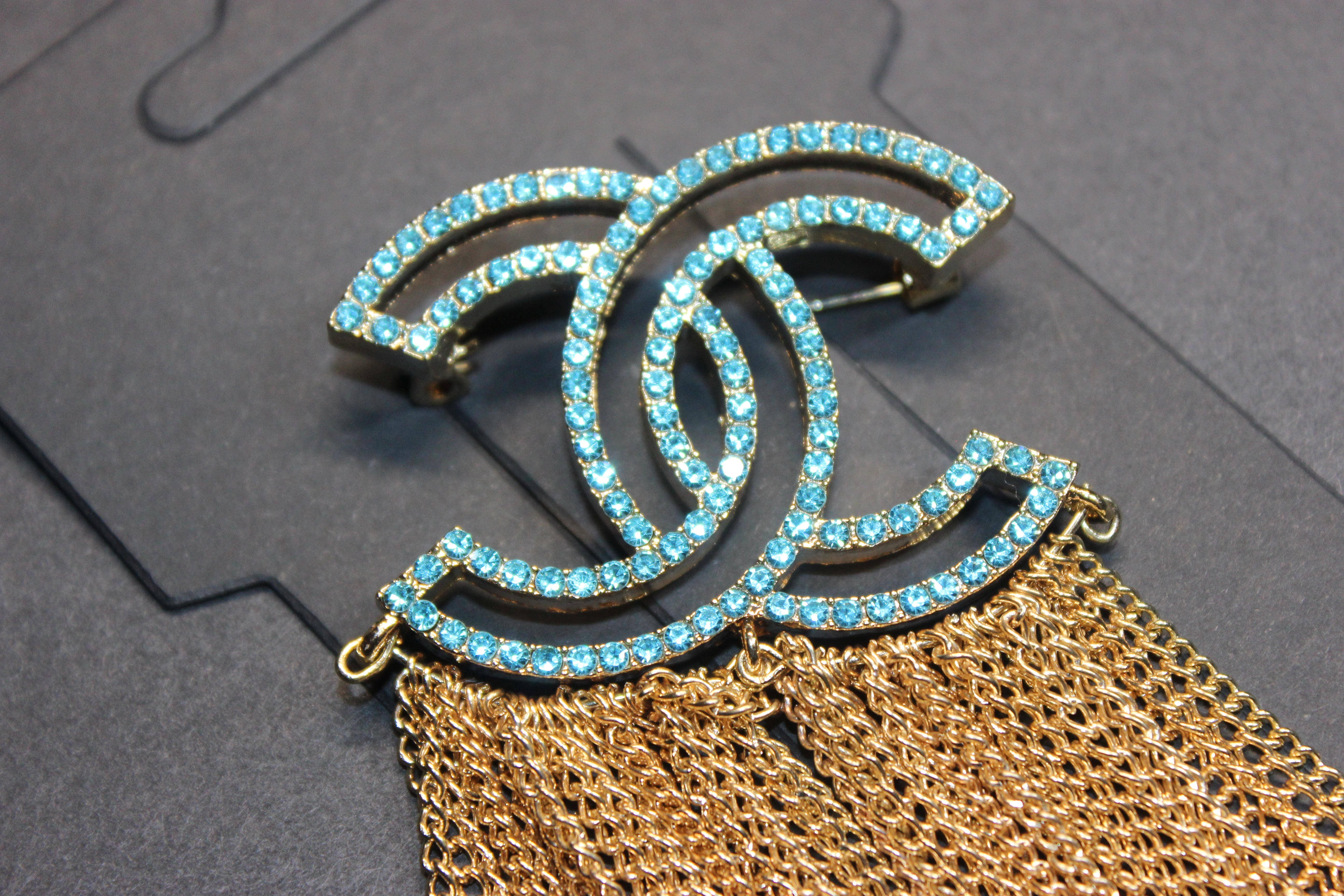 Aquamarine & Gold Chain Brooch Pin