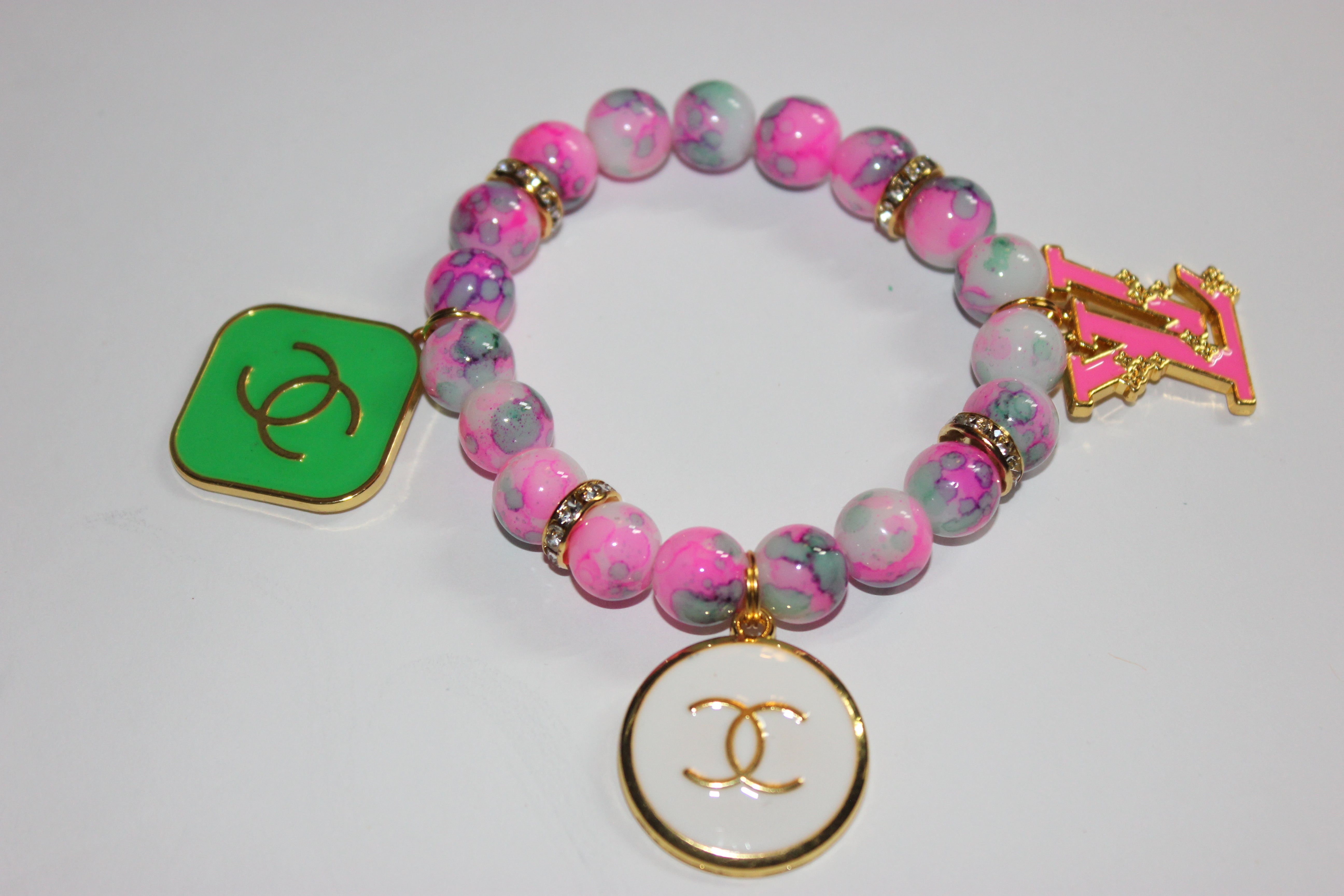 1 Pink Green White w/ Gold Charm Bracelet