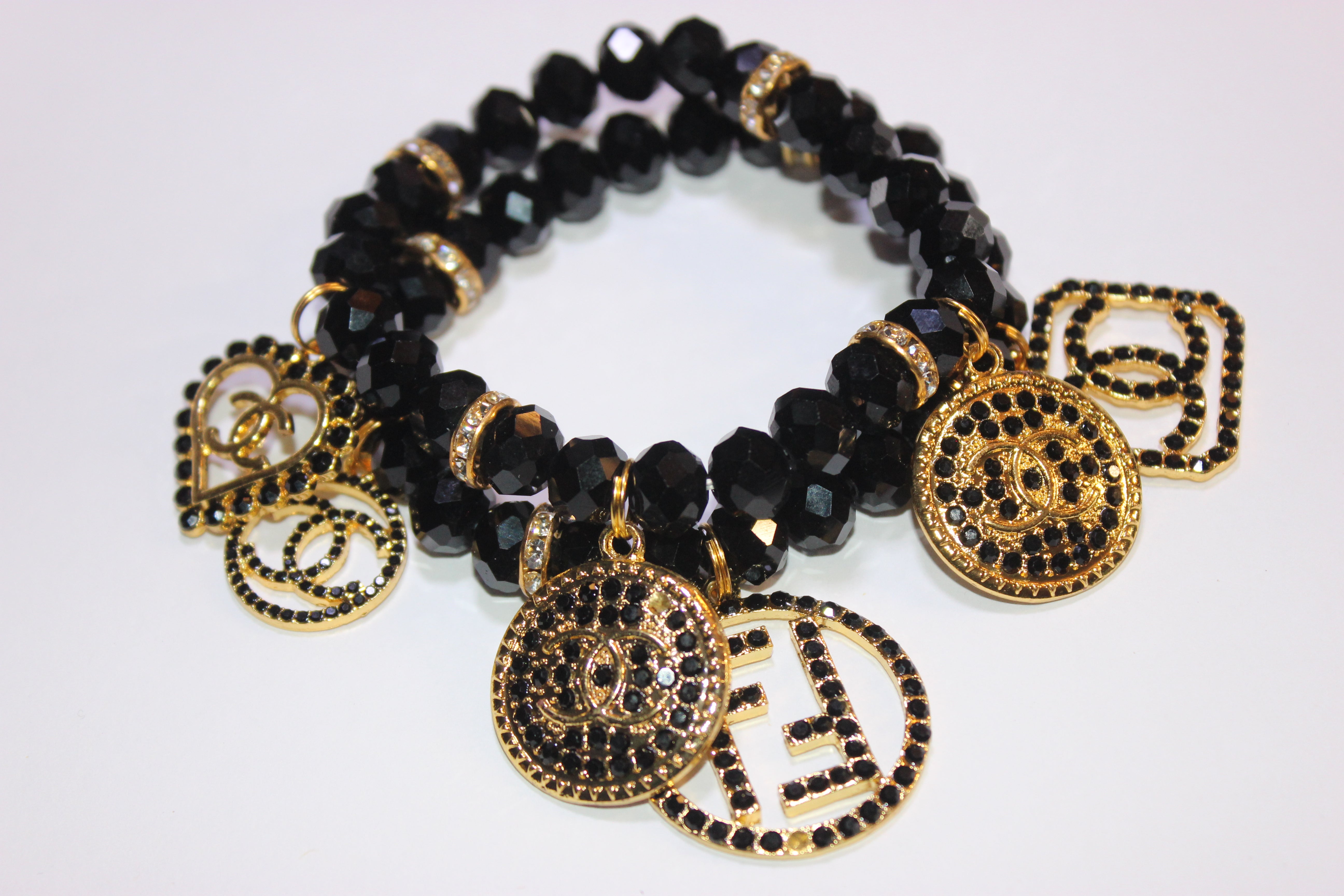 Black & Gold 2 Piece Crystal Charm Bracelet Set