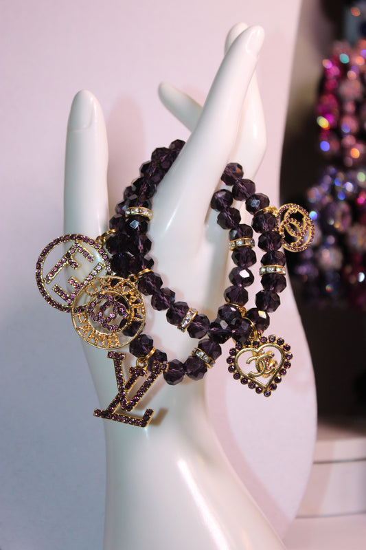 2 Piece Deep Purple Crystal Charm Bracelet Set