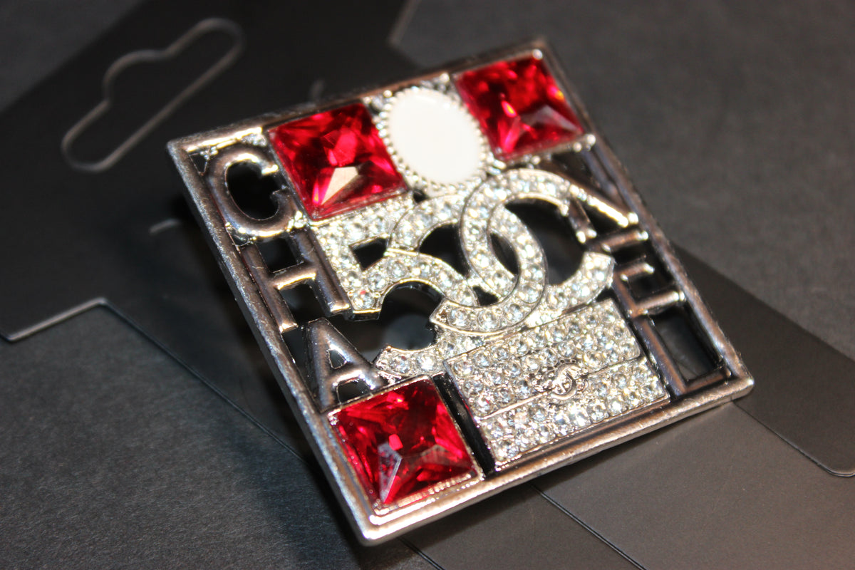 Red & Silver Pearl Rhinestone Brooch Pin