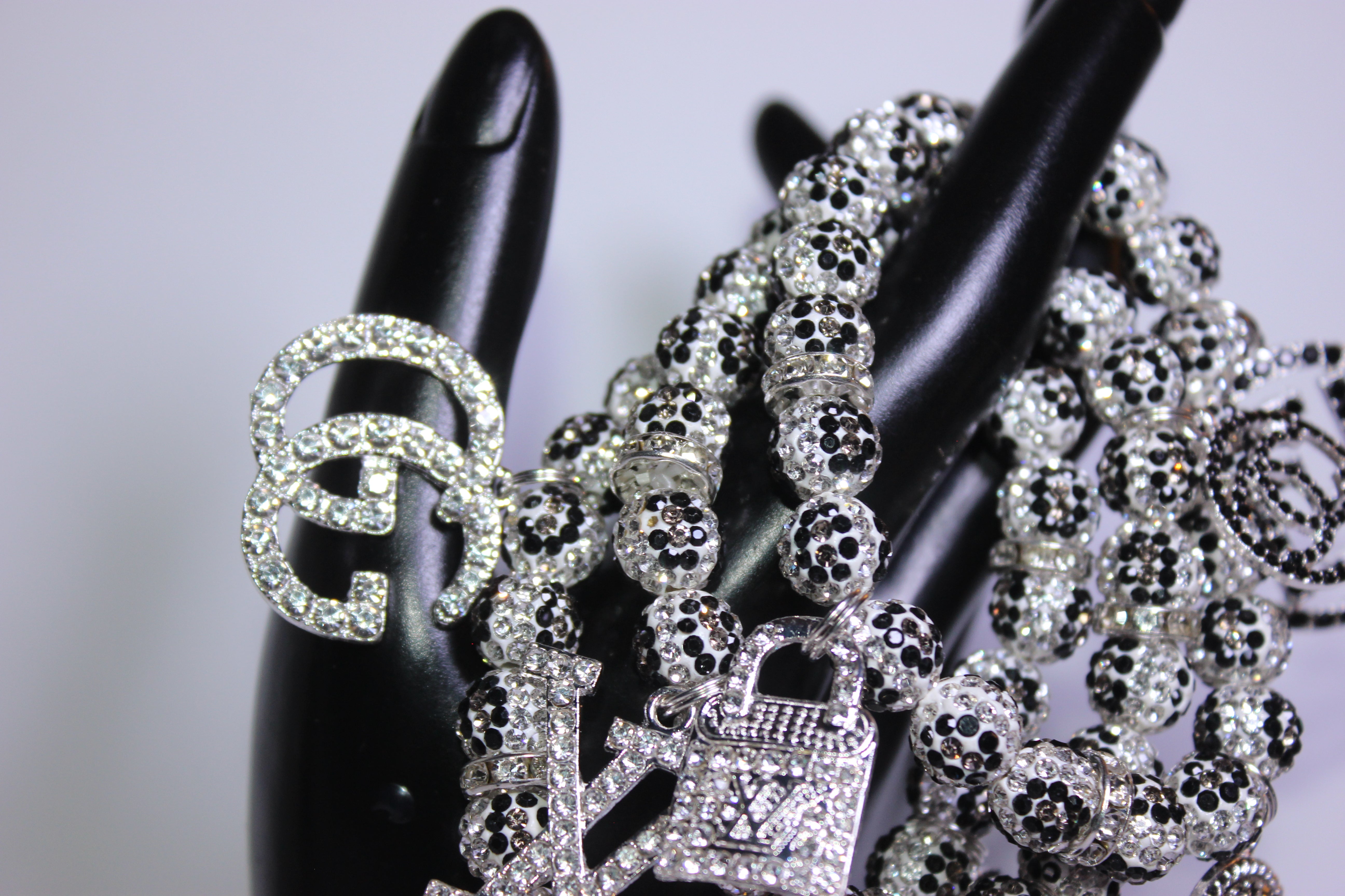 3 Piece White/Black/Grey Rhinestone Charm Bracelet Set
