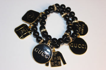 2 Piece Black & Gold Beaded Charm Bracelet