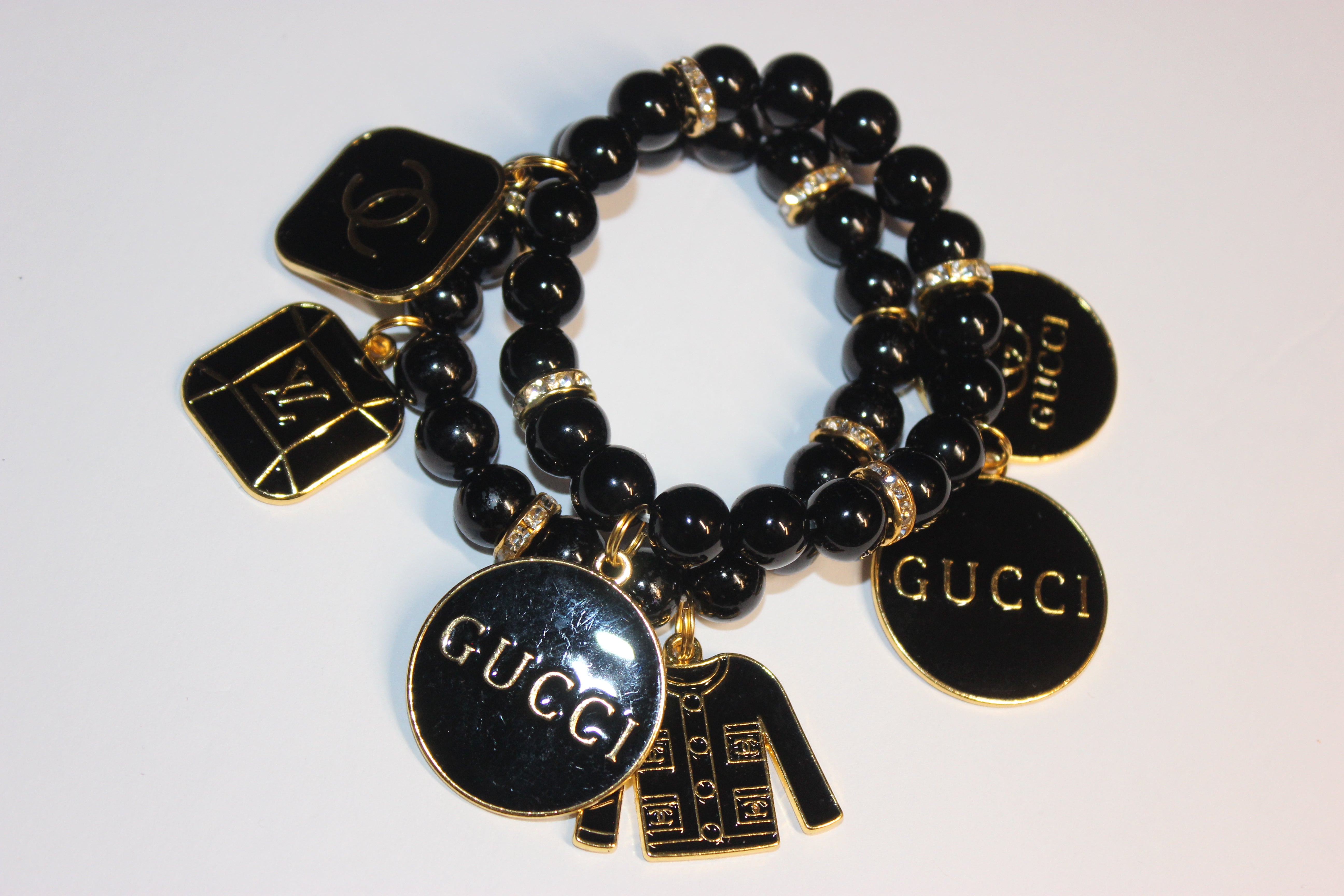 2 Piece Black & Gold Beaded Charm Bracelet
