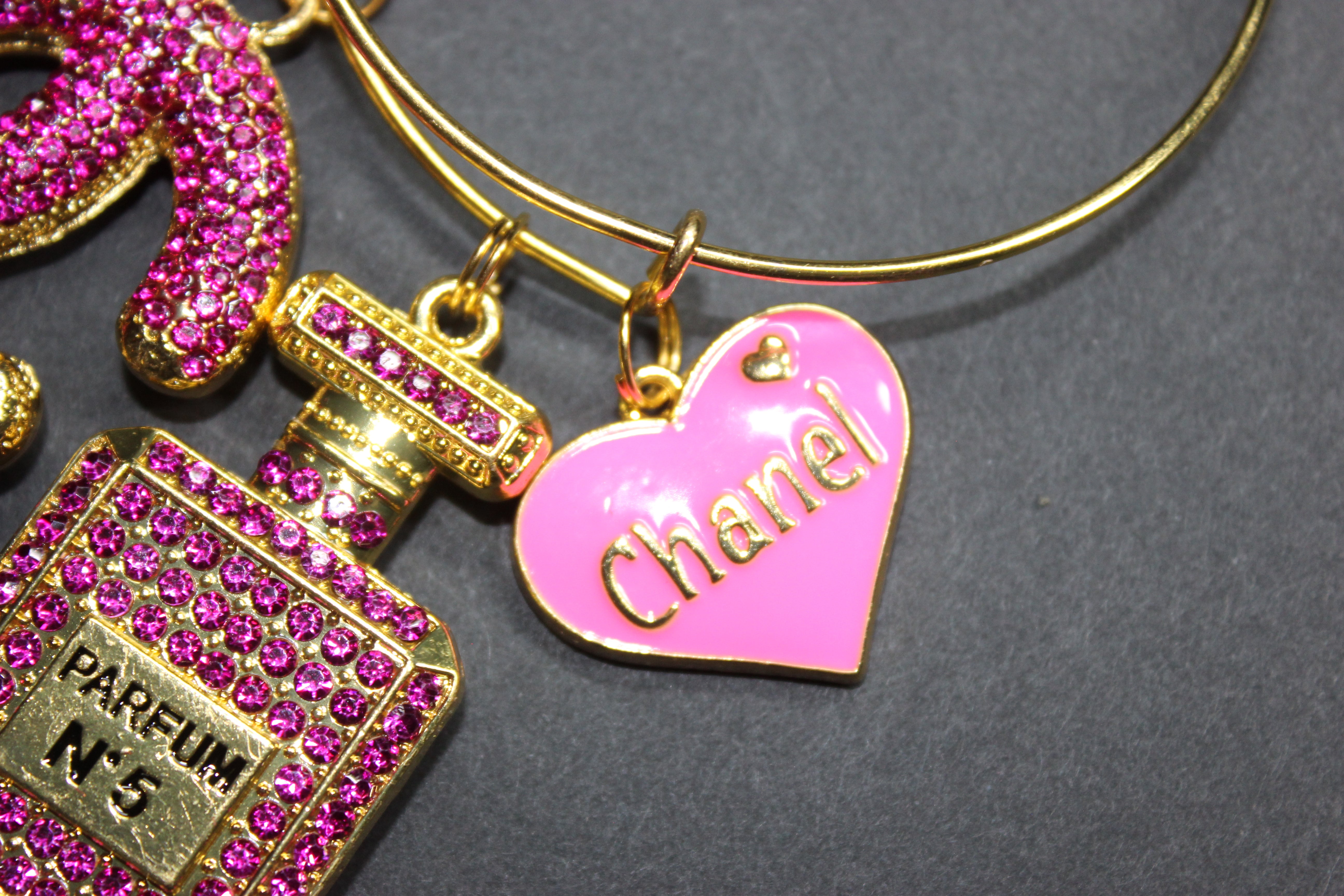 Hot Pink & Gold Rhinestone Charm Bangle Bracelet