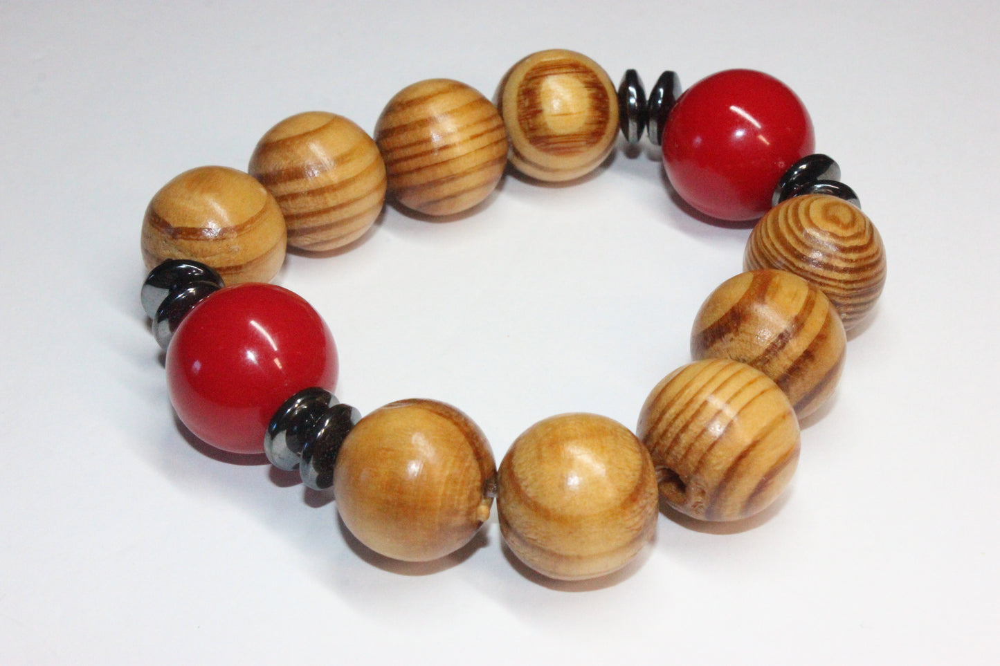 Wooden Beaded Bracelet w/ Red