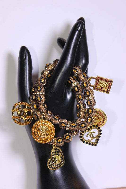 2 Piece Animal Print Rhinestone Charm Bracelet Set