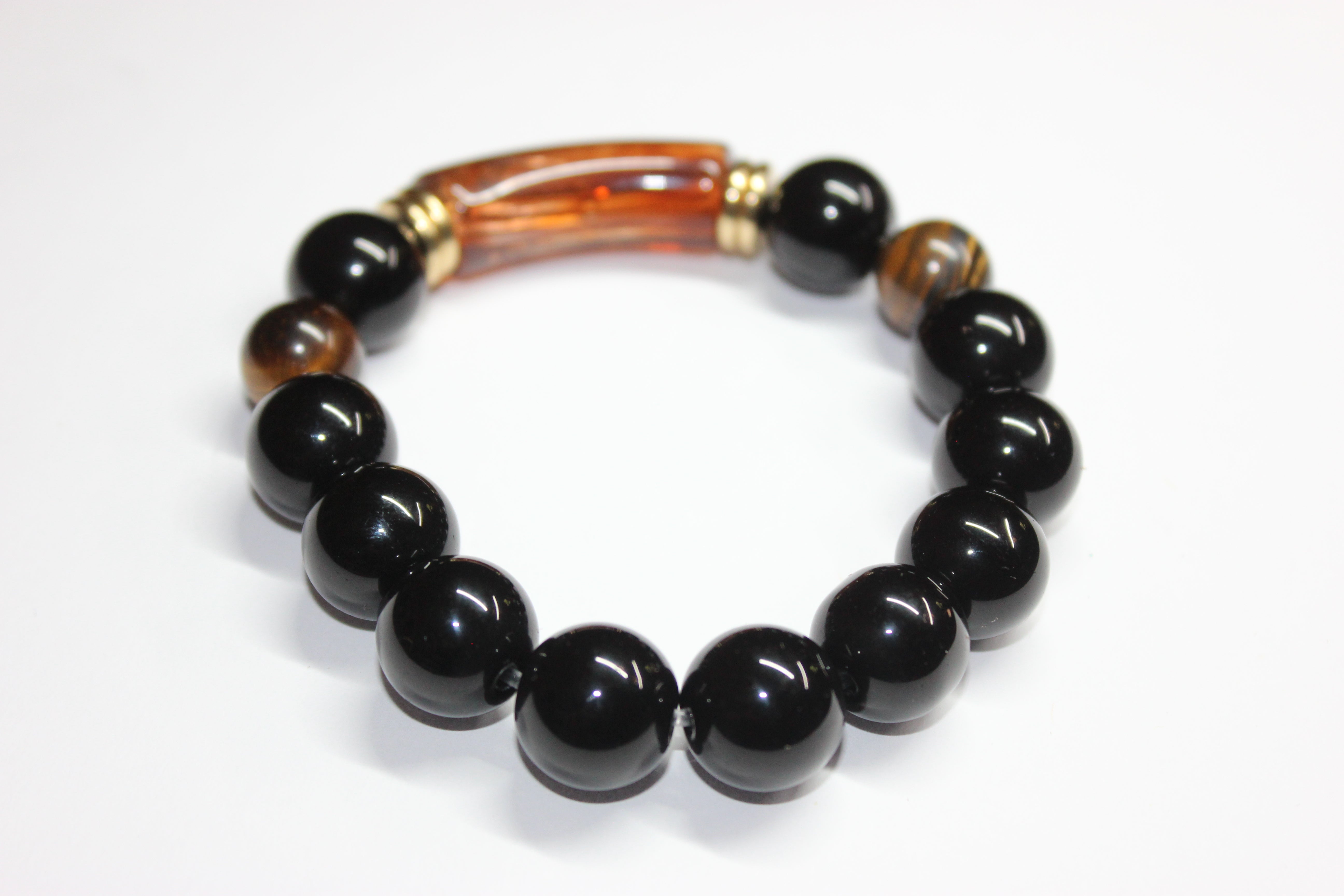 Black Topaz & Brown Tiger Eye Beaded Bracelet w/ Gold