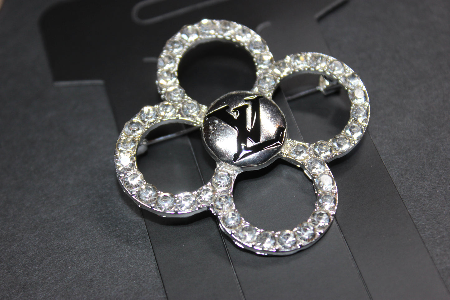 Silver & Black Rhinestone Clover Style Brooch Pin