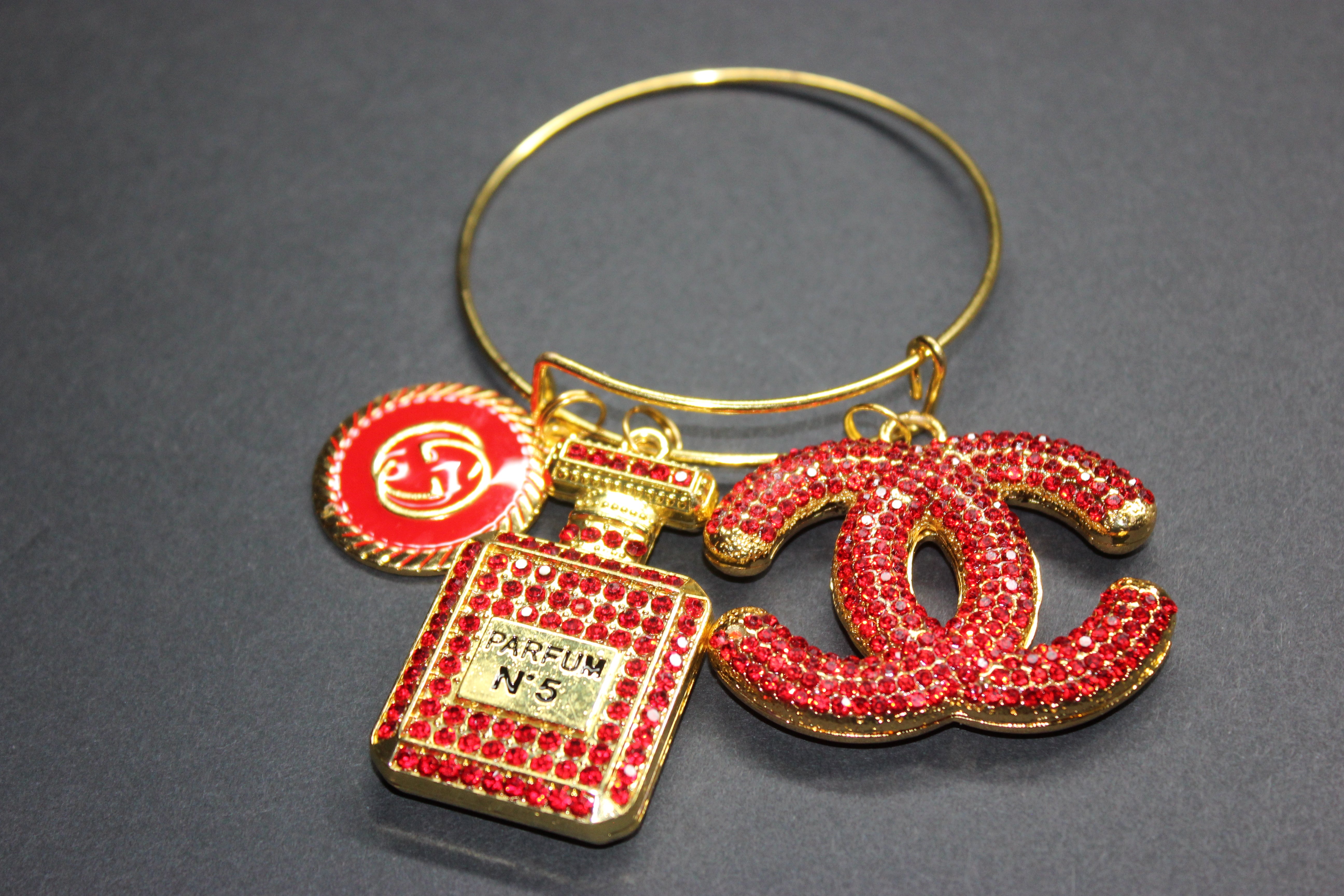 Red & Gold Rhinestone Charm Bangle Bracelet