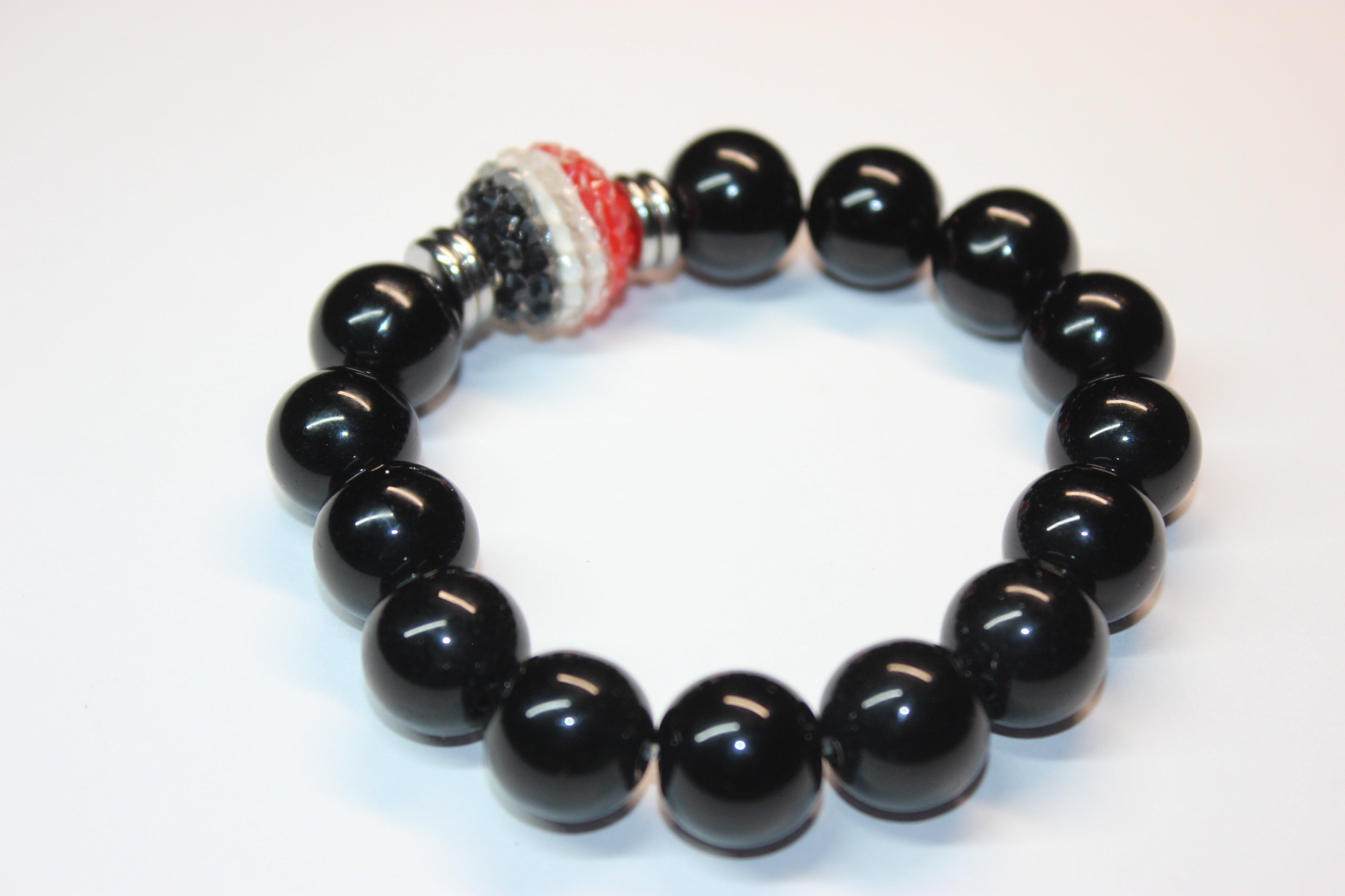 Red Black & White with Silver Mens Beaded Bracelet