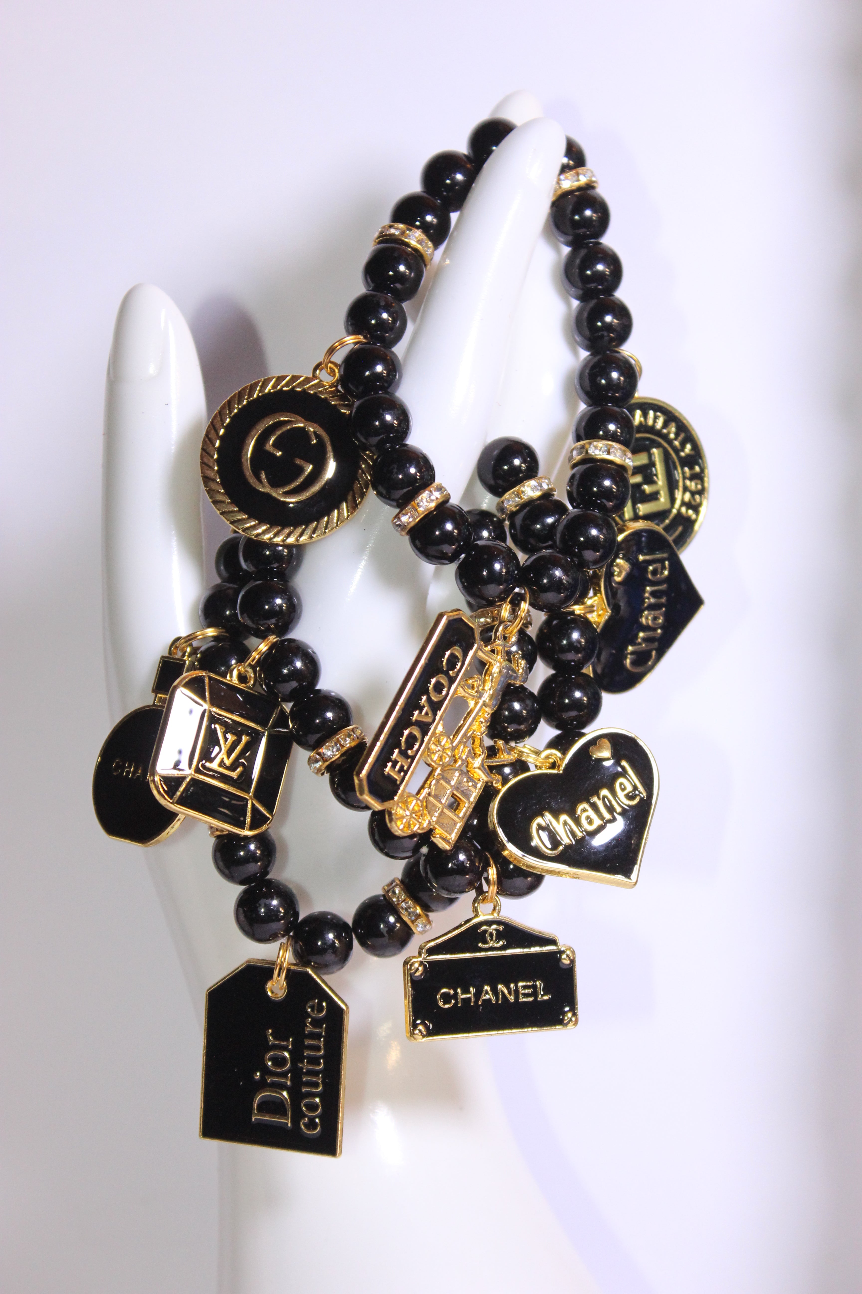 3 Piece Black & Gold Charm Bracelet Set