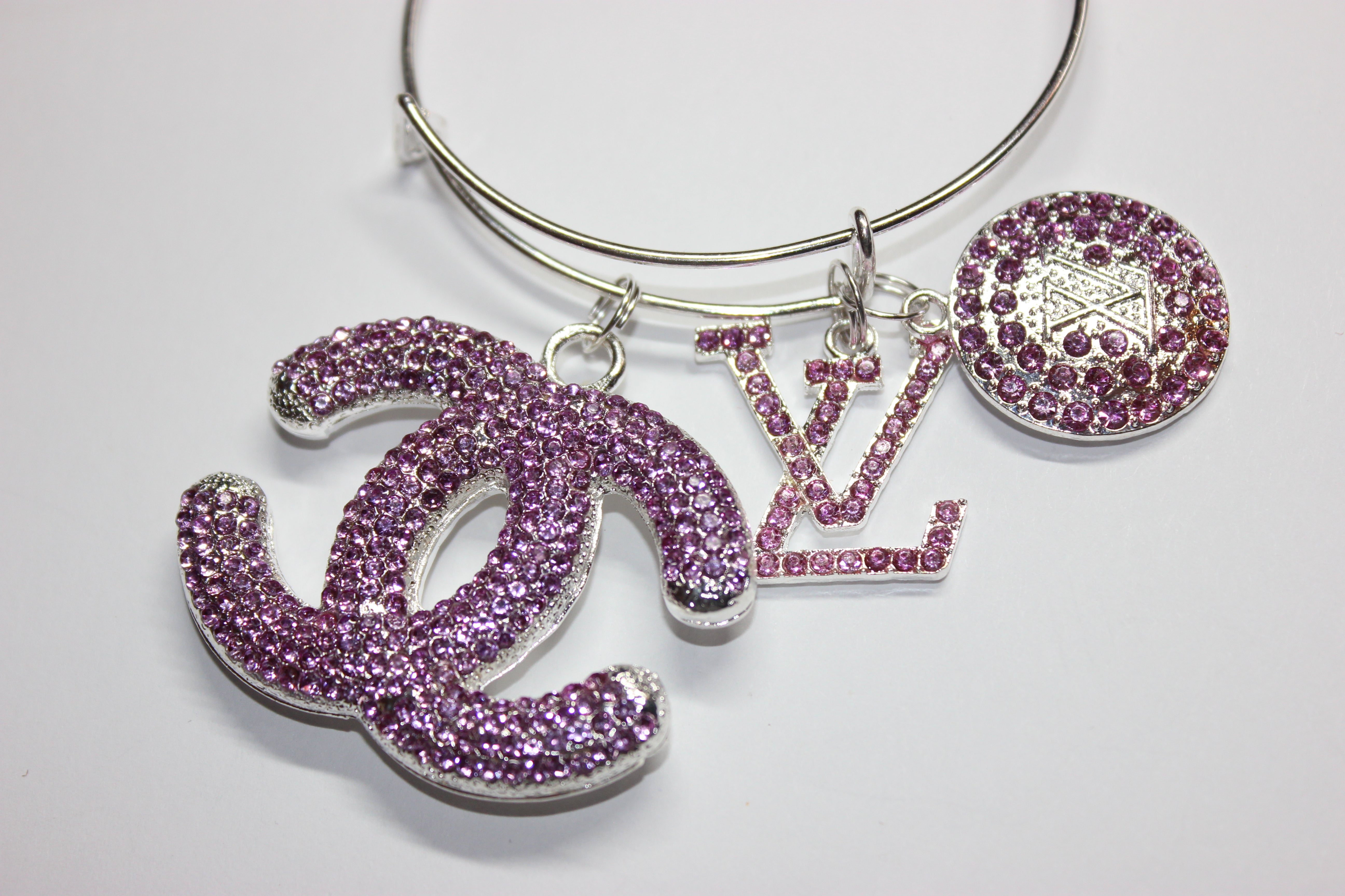 Purple & Silver Rhinestone Charm Bangle