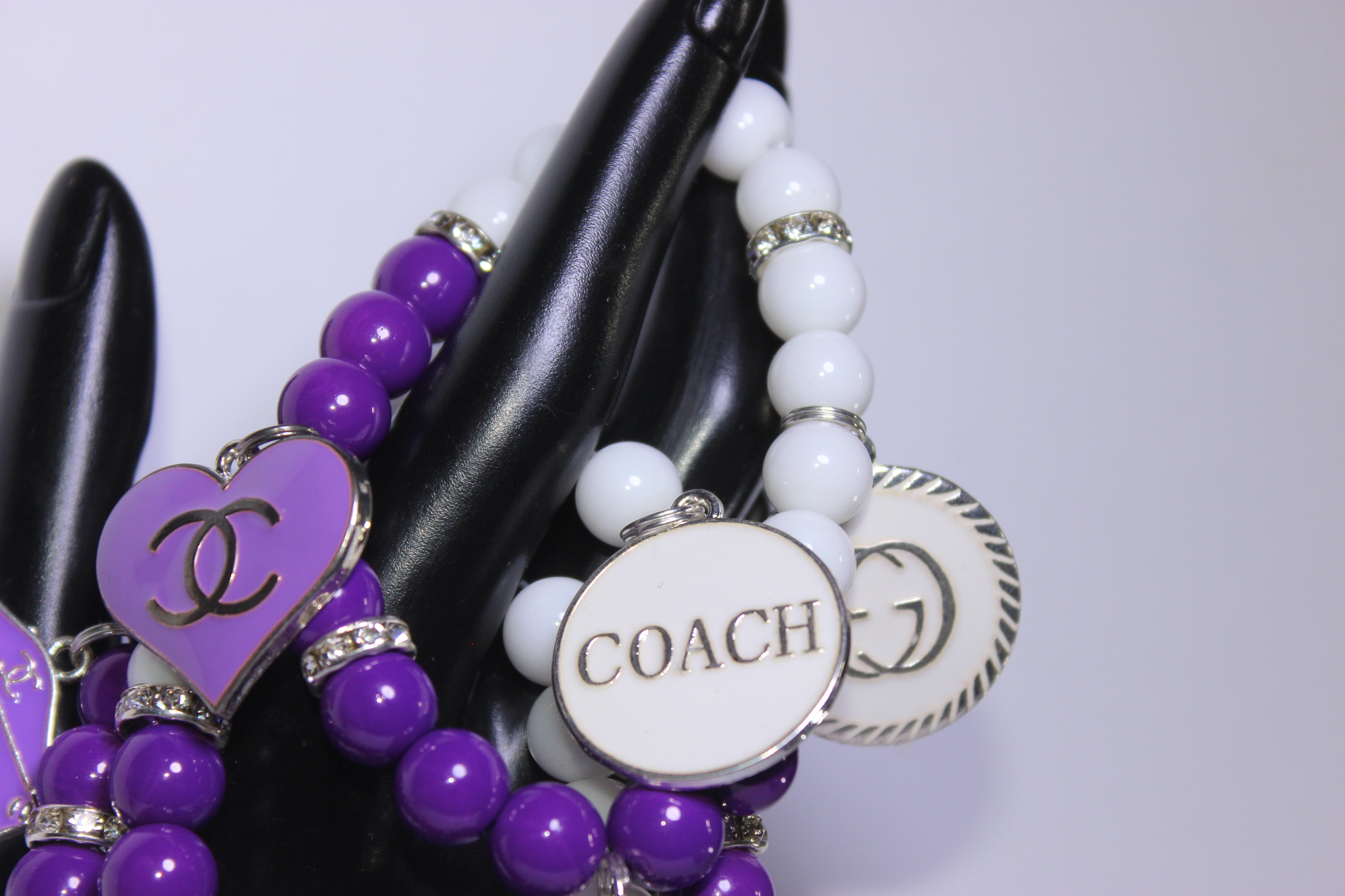 Purple & White w/ Silver 3 Piece Beaded Charm Bracelet Set