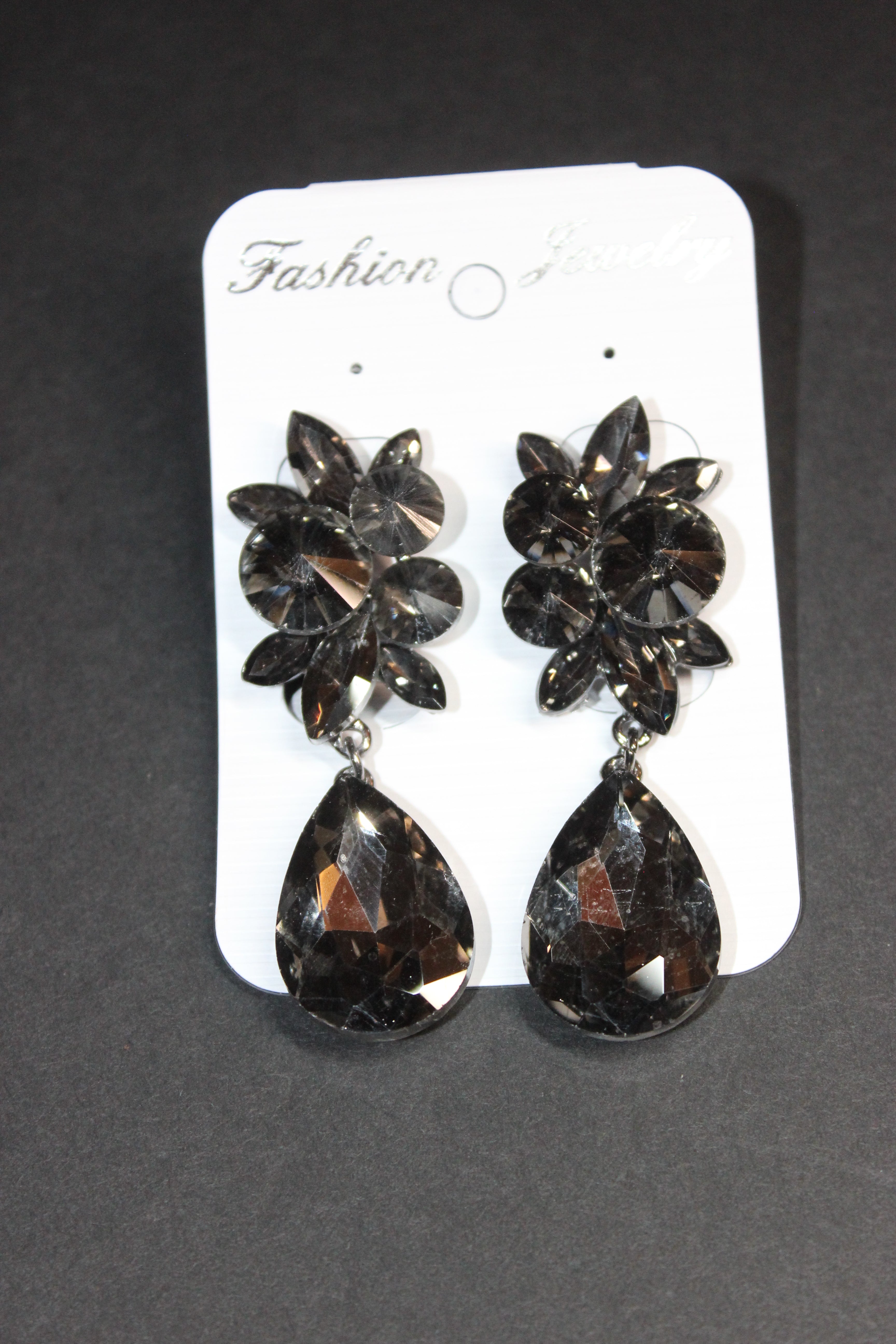Clip On Smoke Grey Crystal Pineapple Drop Earrings