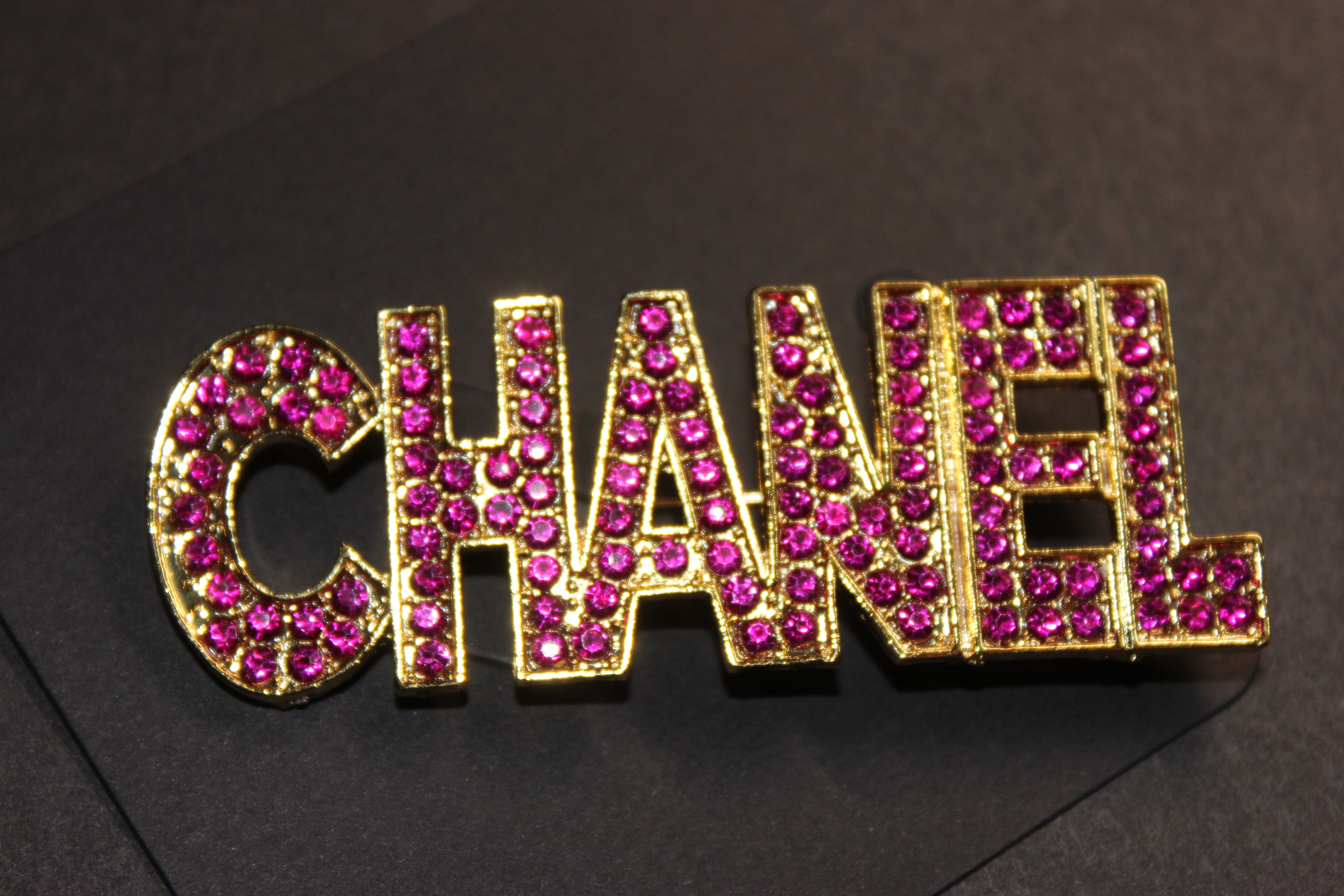 Hot Pink & Gold Rhinestone Brooch Pin
