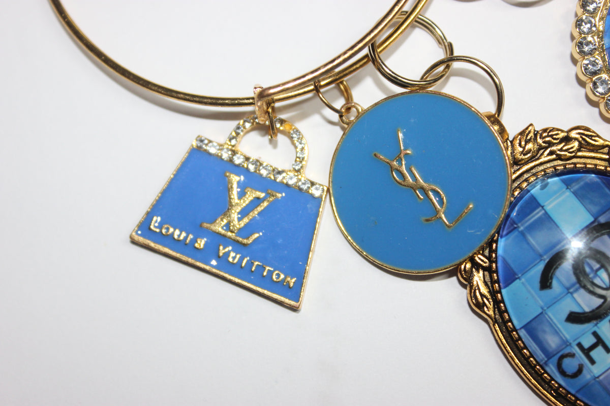 Gold & Blue Charm Bangle Bracelet